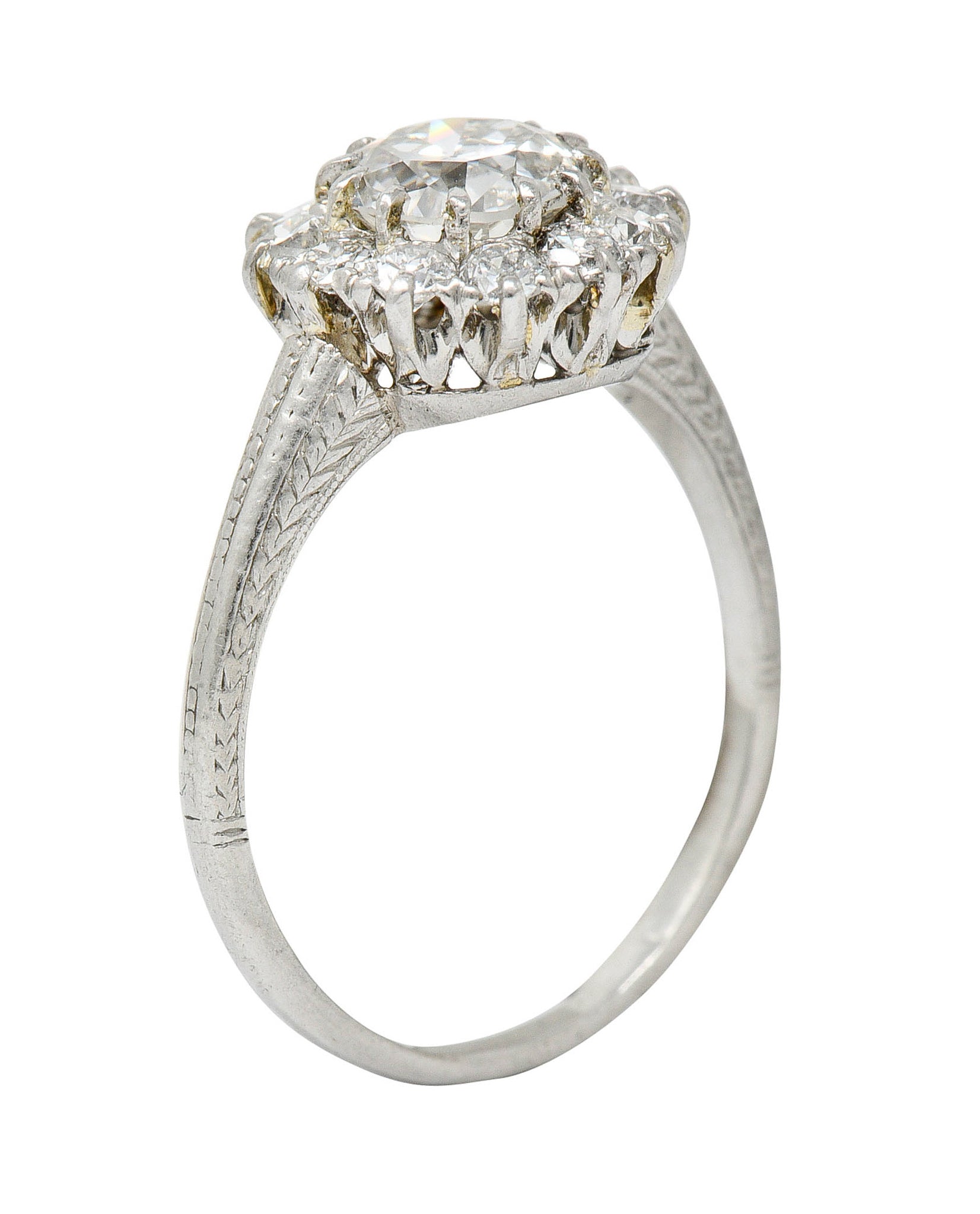 Early Art Deco 1.50 CTW Diamond Platinum Cluster Engagement Ring GIARing - Wilson's Estate Jewelry