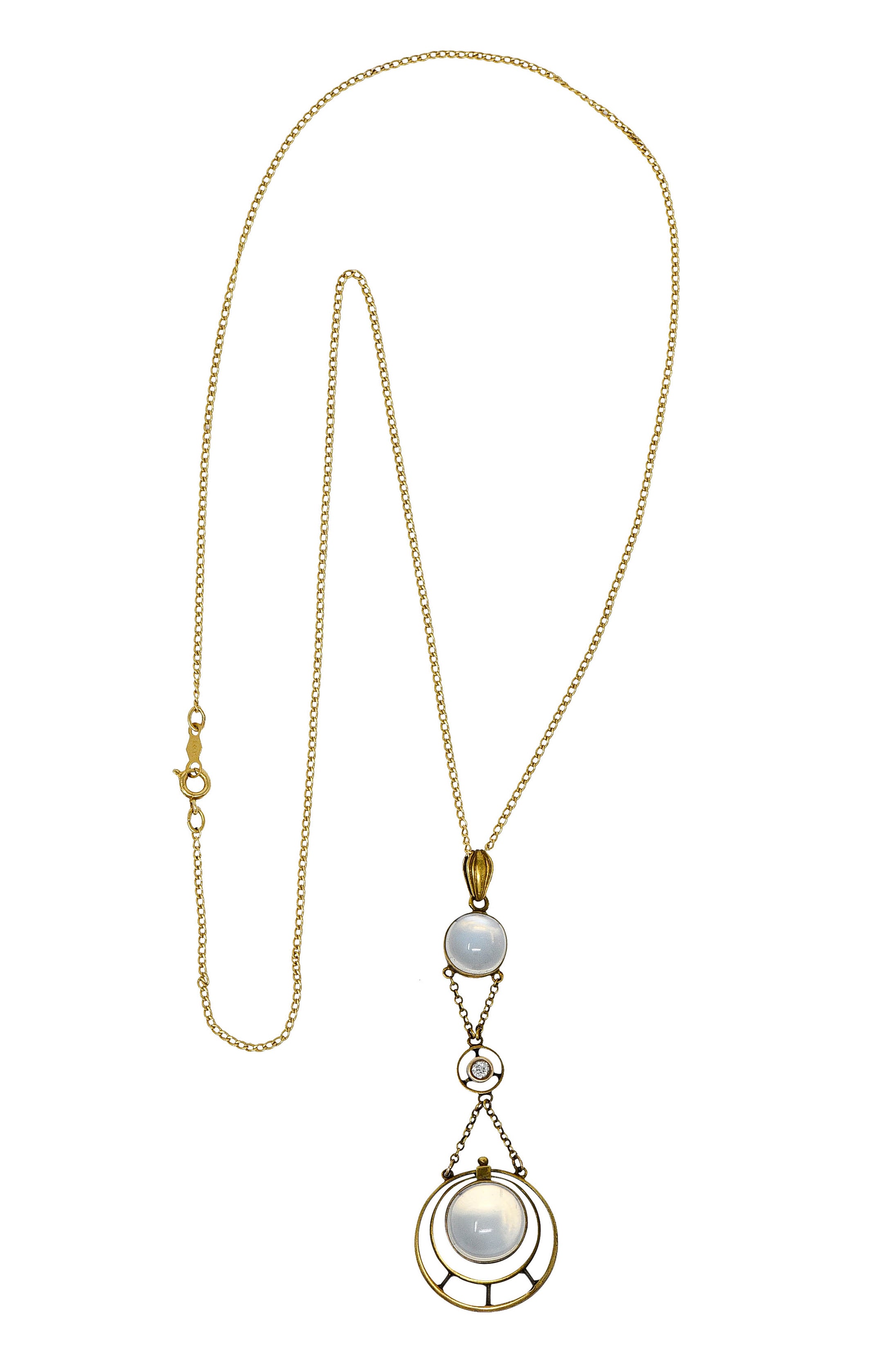 Art Nouveau Moonstone Diamond 14 Karat Gold Drop Swag Necklace - Wilson's Estate Jewelry