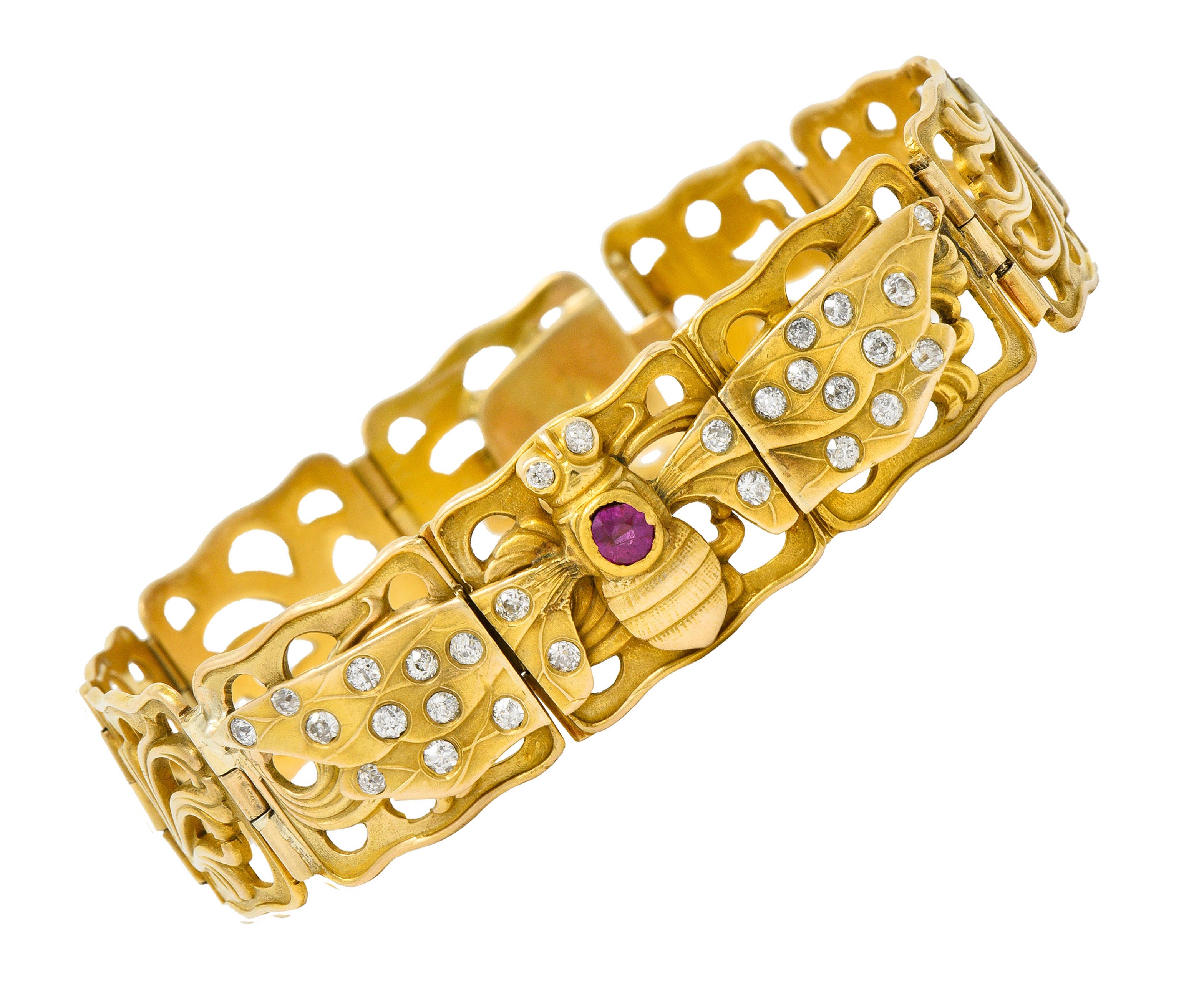 Art Nouveau Ruby Diamond 14 Karat Gold Bee Link Braceletbracelet - Wilson's Estate Jewelry