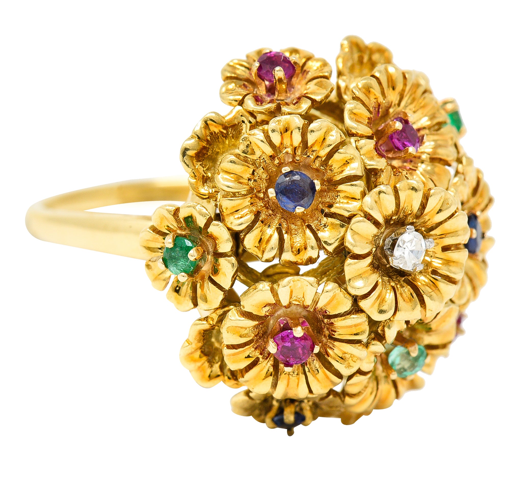 French Place Vendôme 0.35 CTW Sapphire Emerald Ruby Diamond 18 Karat Yellow Gold Vintage Tremblant Flower Ring Wilson's Estate Jewelry