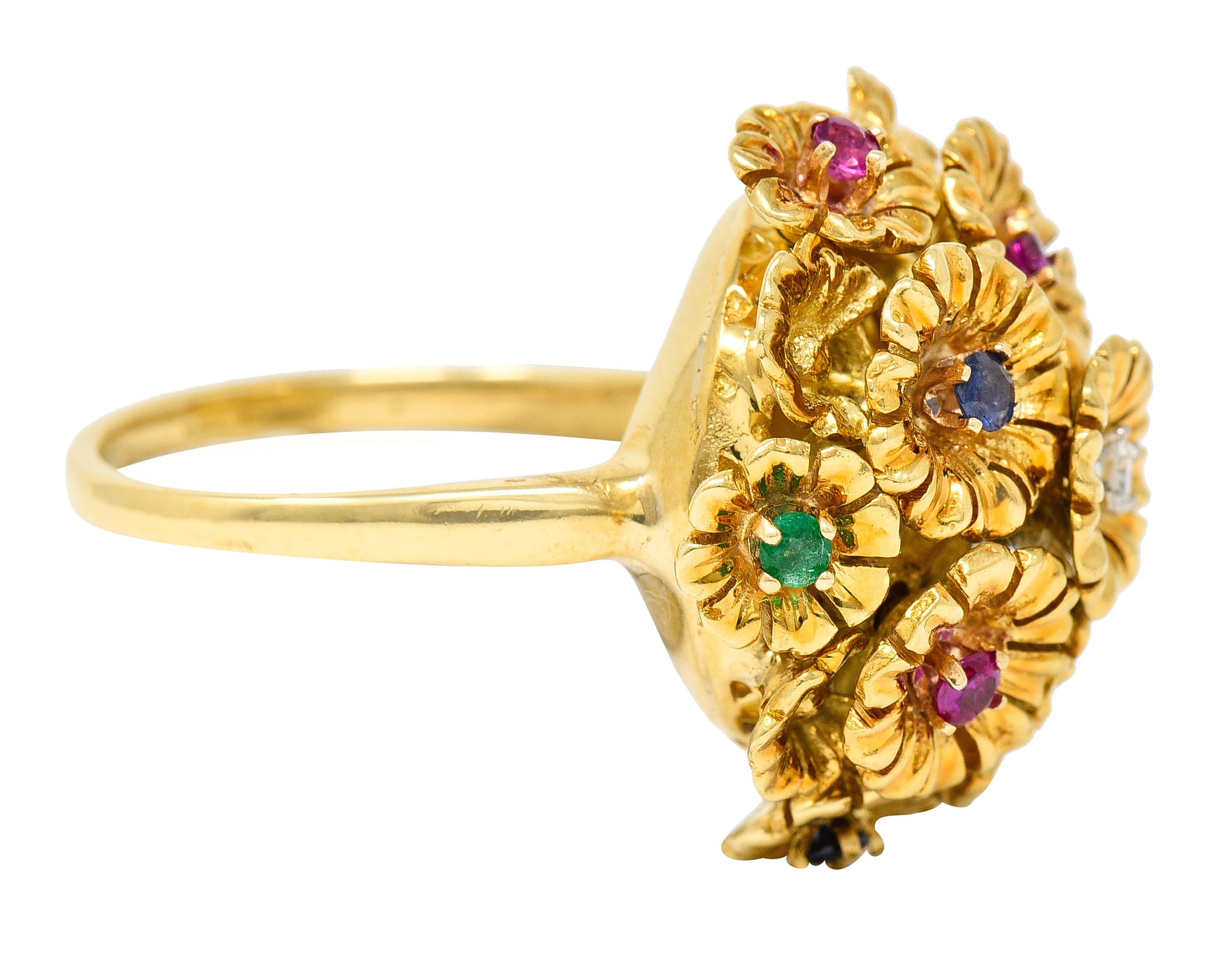 French Place Vendôme 0.35 CTW Sapphire Emerald Ruby Diamond 18 Karat Yellow Gold Vintage Tremblant Flower Ring Wilson's Estate Jewelry