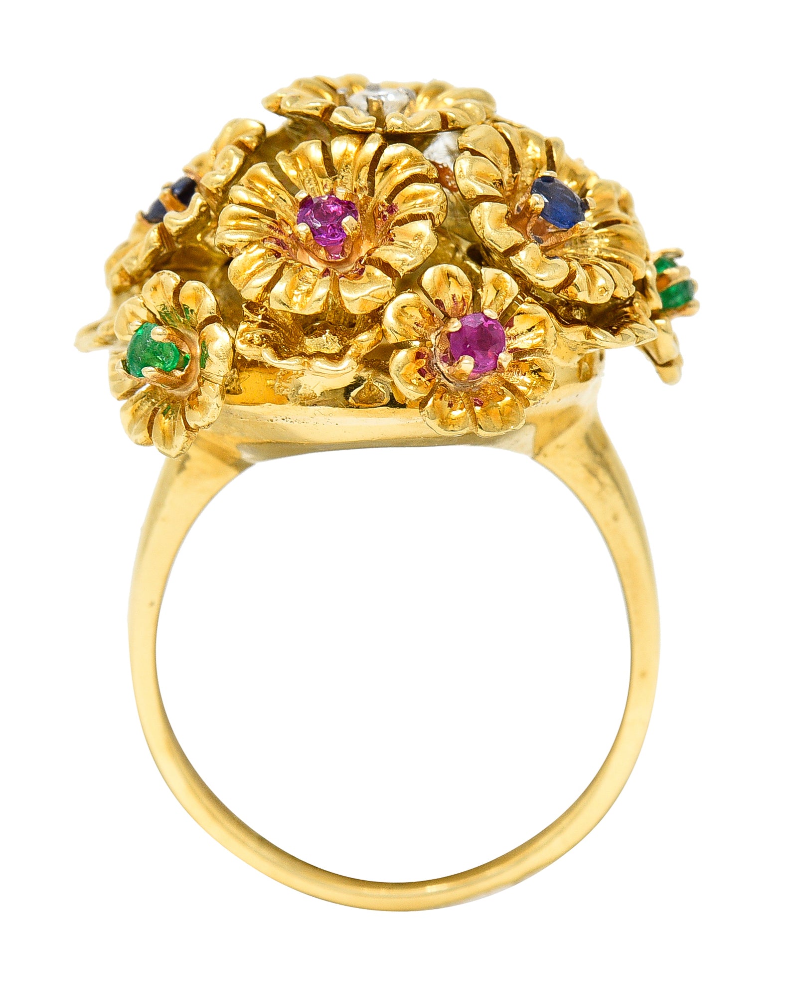 French Place Vendôme 0.35 CTW Sapphire Emerald Ruby Diamond 18 Karat Yellow Gold Vintage Tremblant Flower Ring Wilson's Estate Jewelry