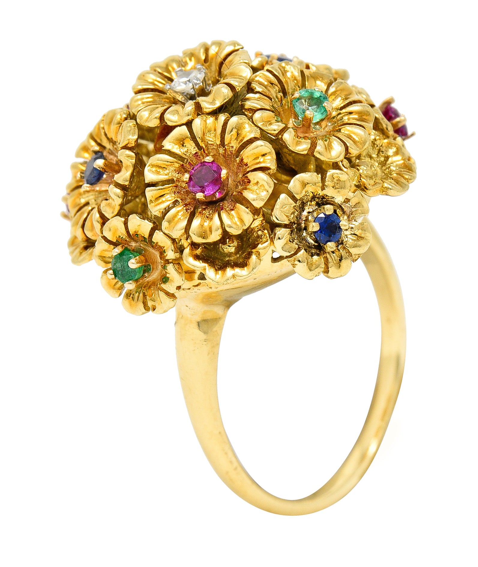 French Place Vendôme 0.35 CTW Sapphire Emerald Ruby Diamond 18 Karat Yellow Gold Vintage Tremblant Flower Ring Wilson's Estate Jewelry