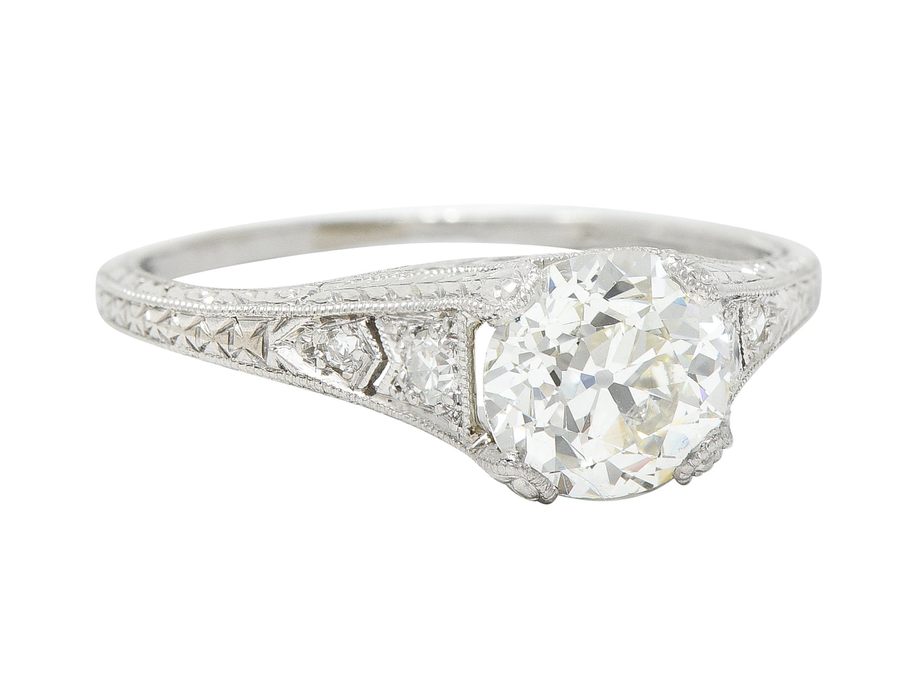 Late Edwardian Wheeler & Co. 1.48 CTW Diamond Platinum Engraved Engagement RingRing - Wilson's Estate Jewelry