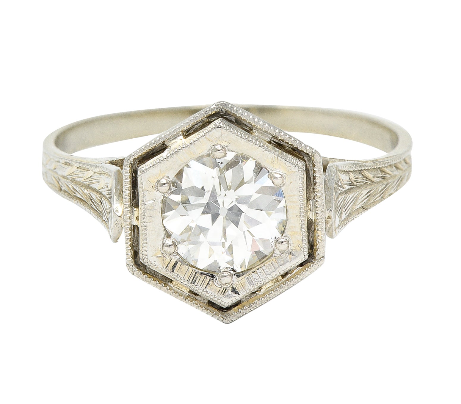 Art Deco 0.74 CTW Old European Cut Diamond 20 Karat White Gold Hexagonal Engagement Ring Wilson's Estate Jewelry