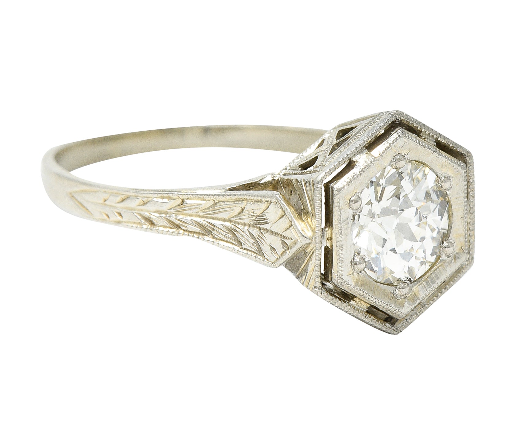 Art Deco 0.74 CTW Old European Cut Diamond 20 Karat White Gold Hexagonal Engagement Ring Wilson's Estate Jewelry