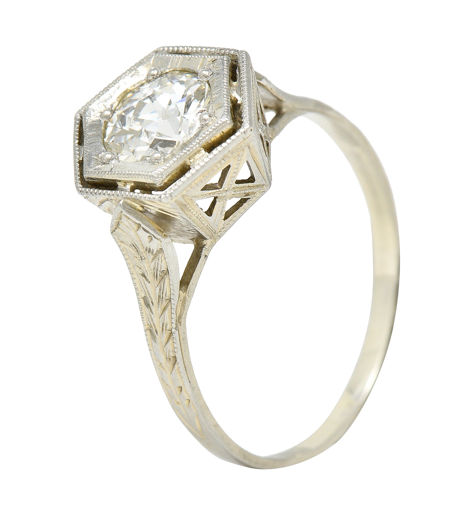 Art Deco 0.74 CTW Old European Cut Diamond 20 Karat White Gold Hexagonal Engagement Ring Wilson's Estate Jewelry