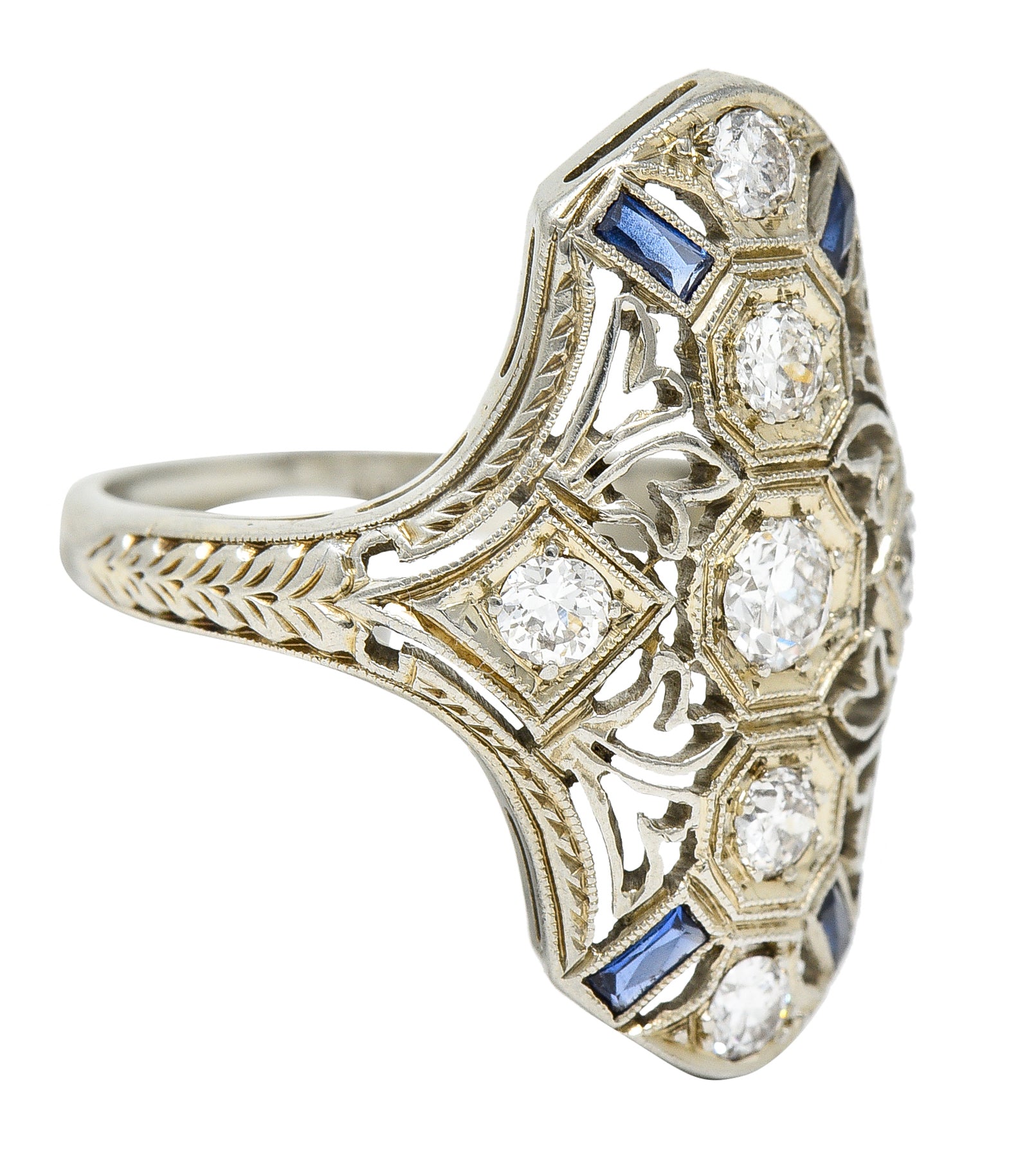 1930's Art Deco Sapphire Diamond 18 Karat White Gold Dinner Ring Wilson's Estate Jewelry