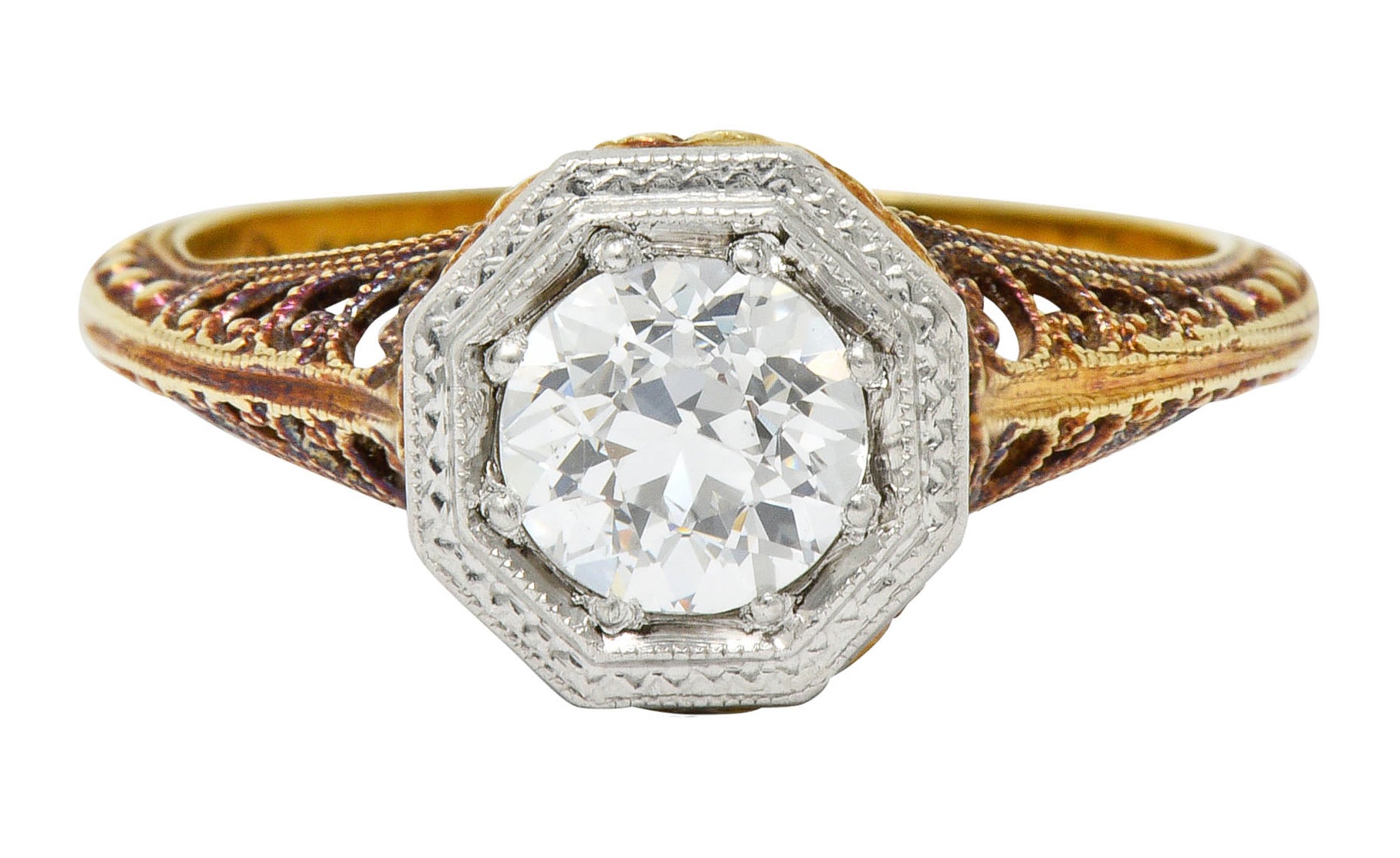 Edwardian 0.64 CTW Diamond Platinum-Topped 14 Karat Gold Filigree Engagement RingRing - Wilson's Estate Jewelry