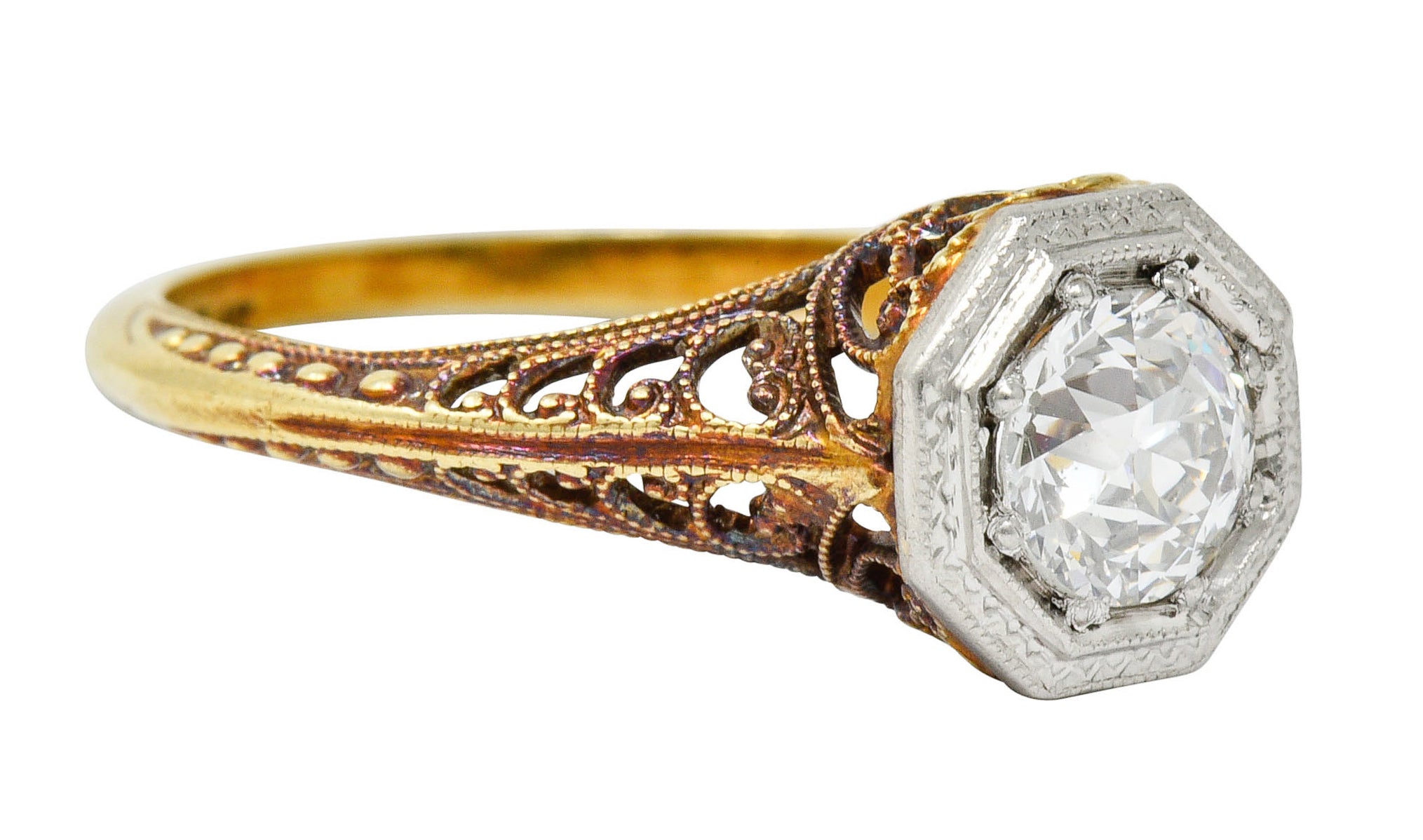 Edwardian 0.64 CTW Diamond Platinum-Topped 14 Karat Gold Filigree Engagement RingRing - Wilson's Estate Jewelry