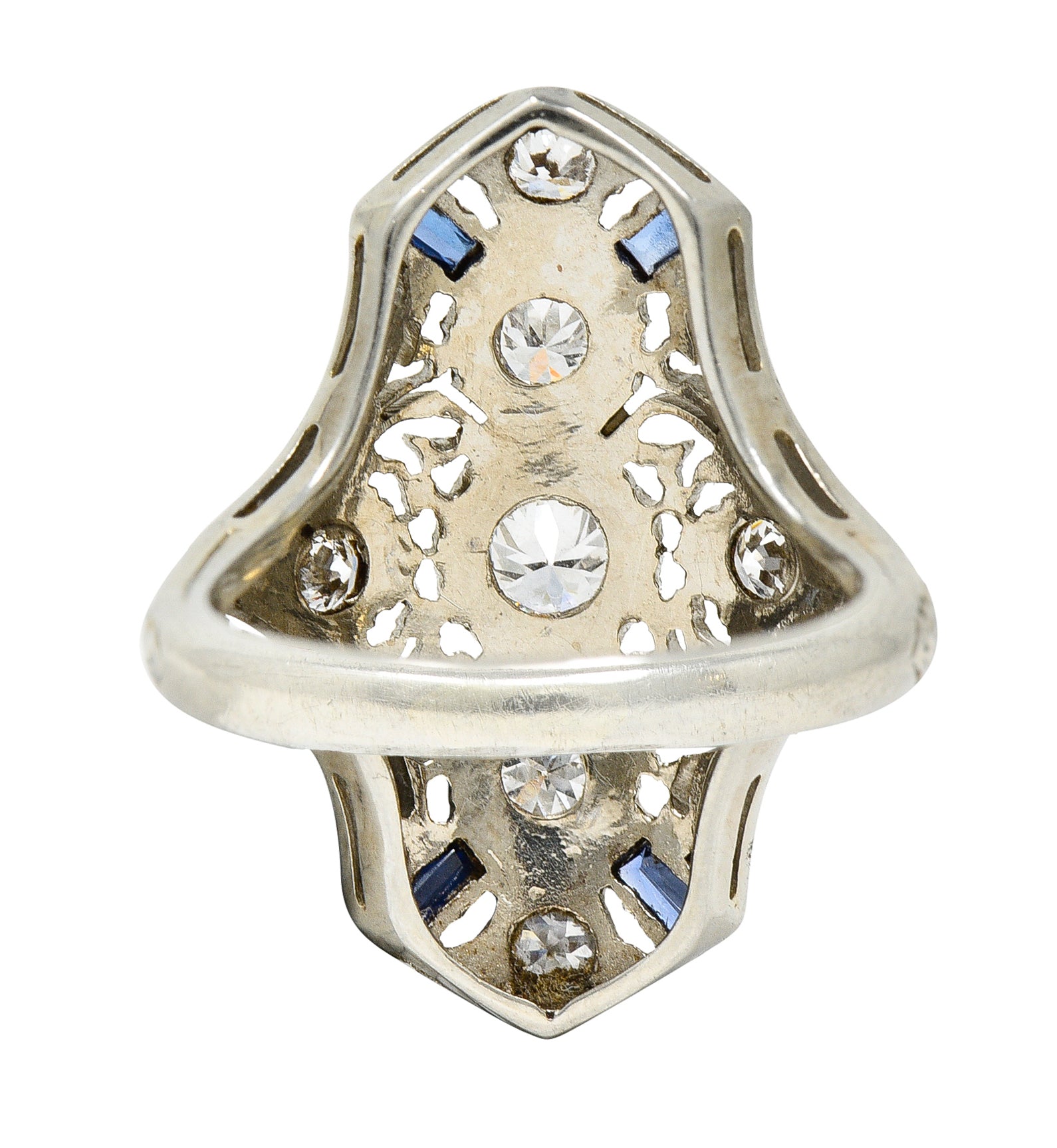 1930's Art Deco Sapphire Diamond 18 Karat White Gold Dinner Ring Wilson's Estate Jewelry