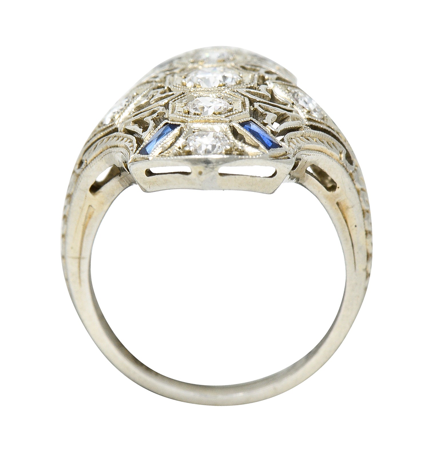 1930's Art Deco Sapphire Diamond 18 Karat White Gold Dinner Ring Wilson's Estate Jewelry