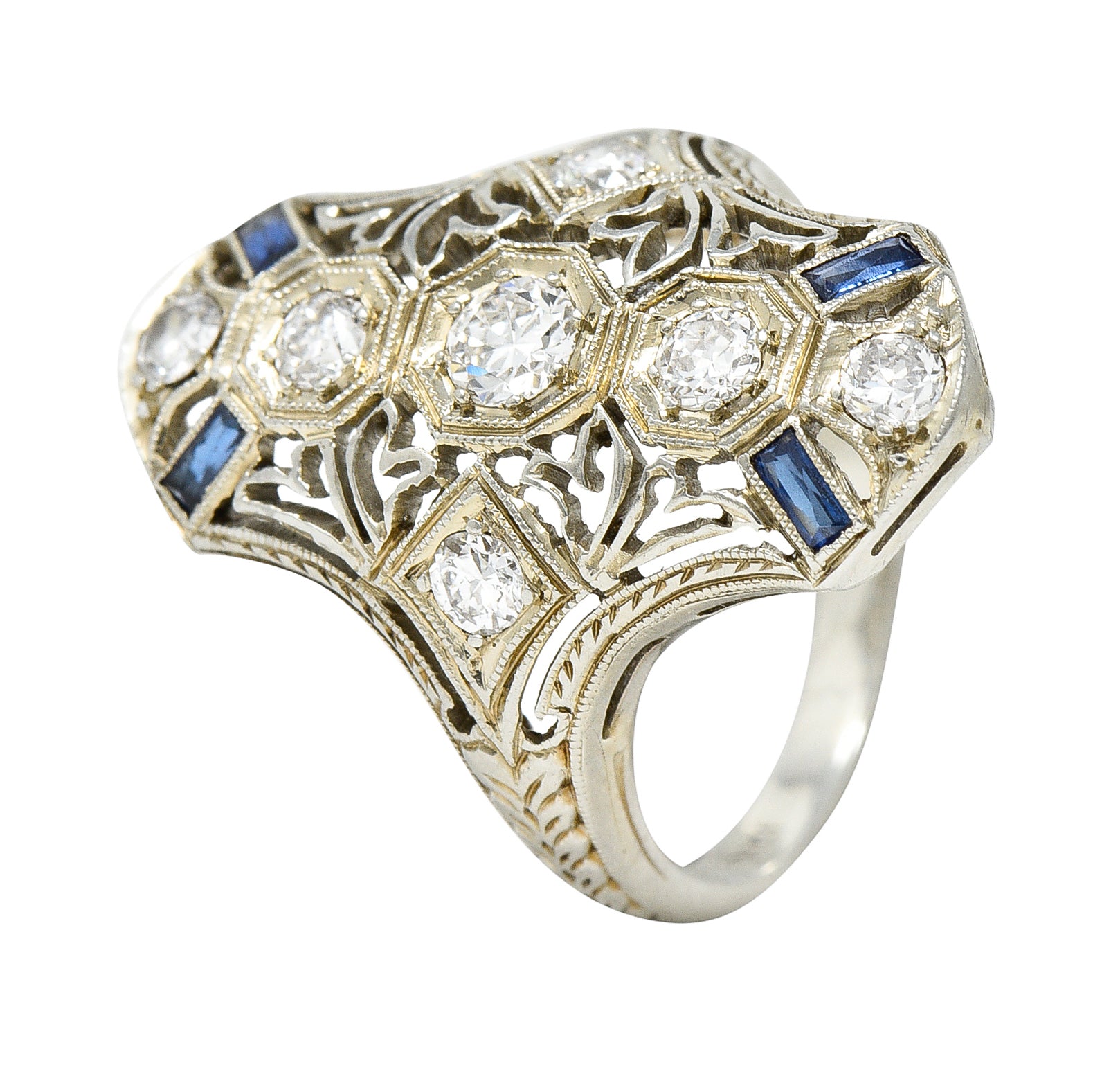 1930's Art Deco Sapphire Diamond 18 Karat White Gold Dinner Ring Wilson's Estate Jewelry