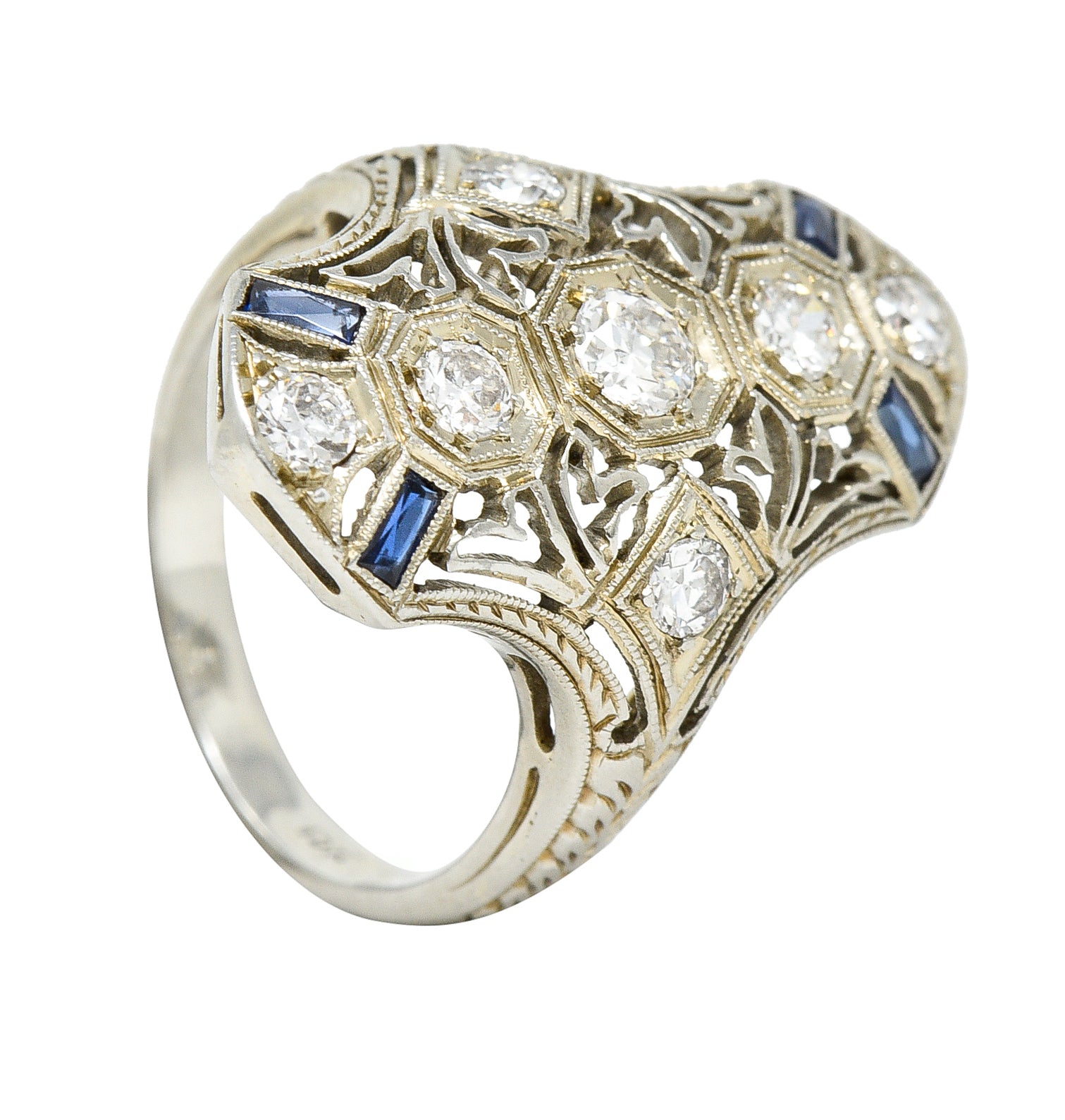 1930's Art Deco Sapphire Diamond 18 Karat White Gold Dinner Ring Wilson's Estate Jewelry