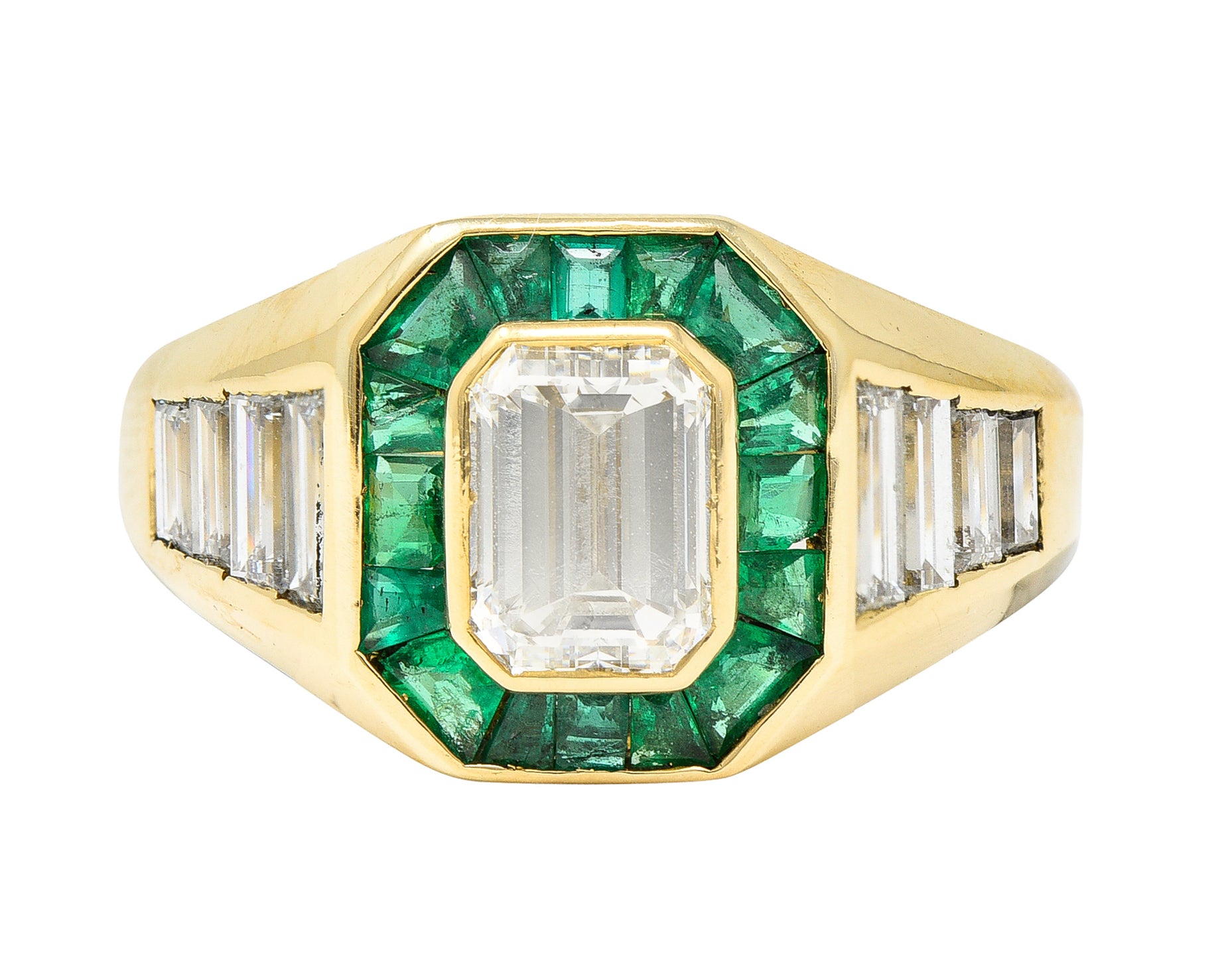 Vintage Italian 2.70 CTW Diamond Emerald 18 Karat Yellow Gold Unisex RingRing - Wilson's Estate Jewelry