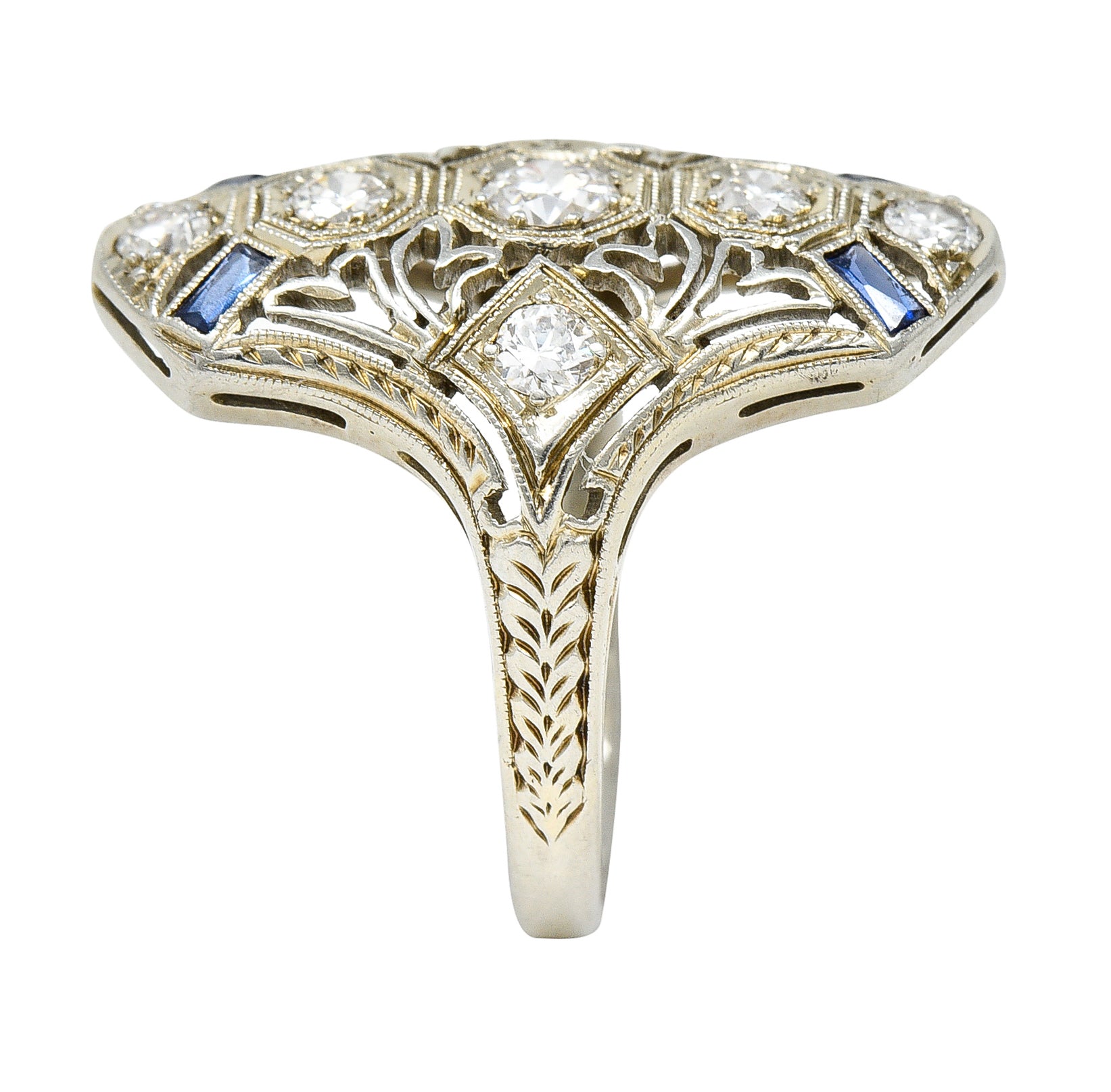 1930's Art Deco Sapphire Diamond 18 Karat White Gold Dinner Ring Wilson's Estate Jewelry