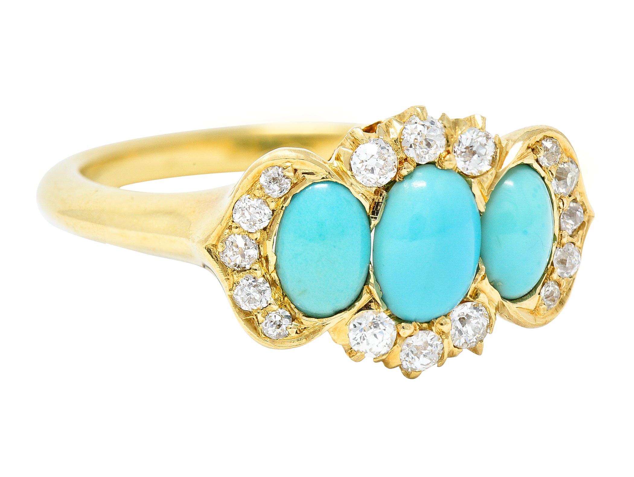 Art Nouveau Turquoise Cabochon Old Mine Cut Diamond 18 Karat Yellow Gold Antique Cluster Jones & Woodland Co. Ring Wilson's Estate Jewelry