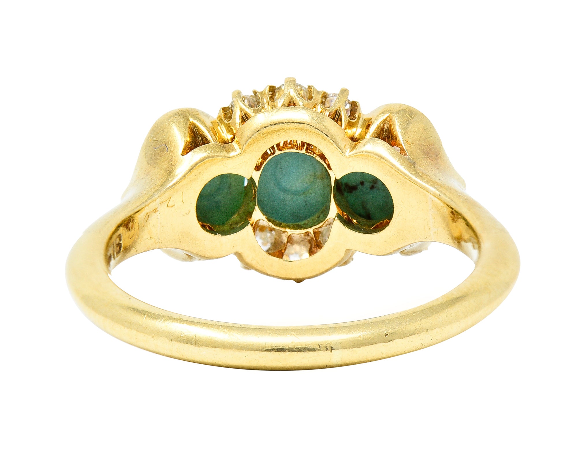 Art Nouveau Turquoise Cabochon Old Mine Cut Diamond 18 Karat Yellow Gold Antique Cluster Jones & Woodland Co. Ring Wilson's Estate Jewelry