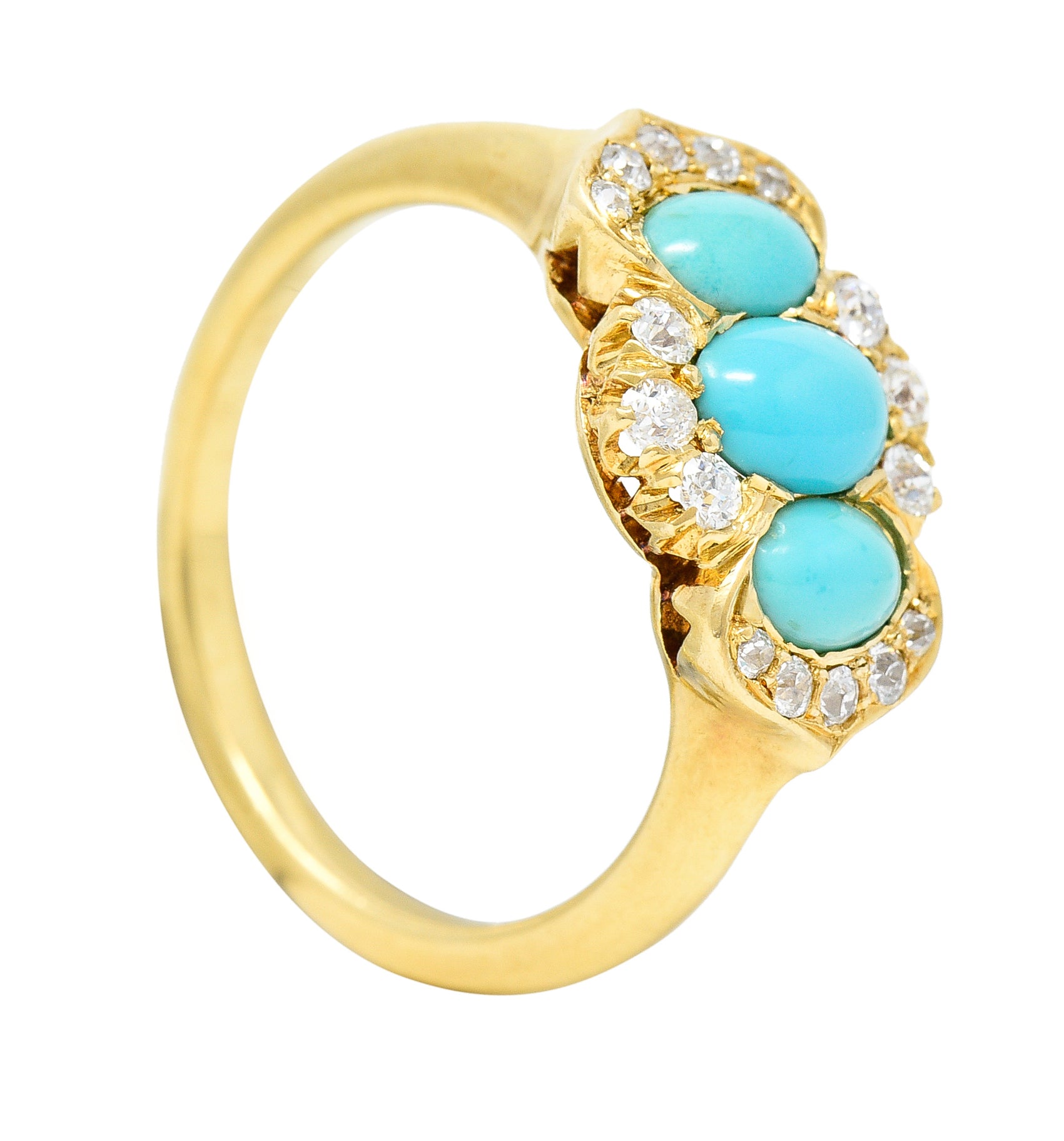 Art Nouveau Turquoise Cabochon Old Mine Cut Diamond 18 Karat Yellow Gold Antique Cluster Jones & Woodland Co. Ring Wilson's Estate Jewelry