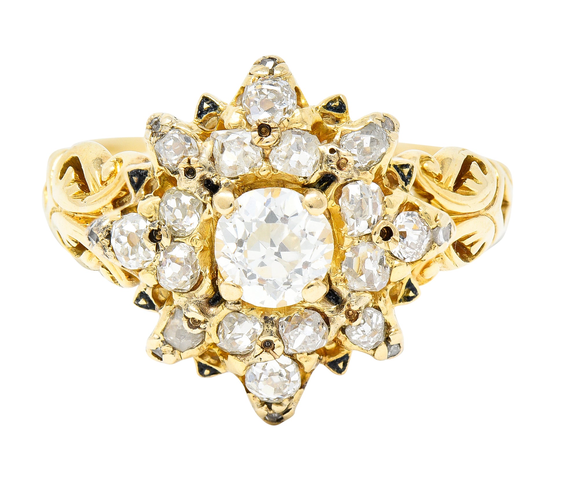 Victorian 1.12 CTW Old European Cut Diamond Enamel 14 Karat Yellow Gold Starburst Antique Cluster Ring Wilson's Estate Jewelry