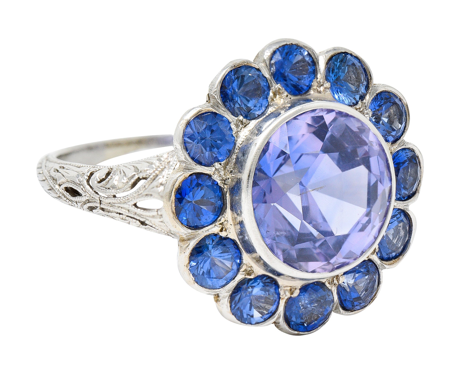 Edwardian 7.78 CTW No Heat Sapphire Platinum Cluster Ring GIARing - Wilson's Estate Jewelry