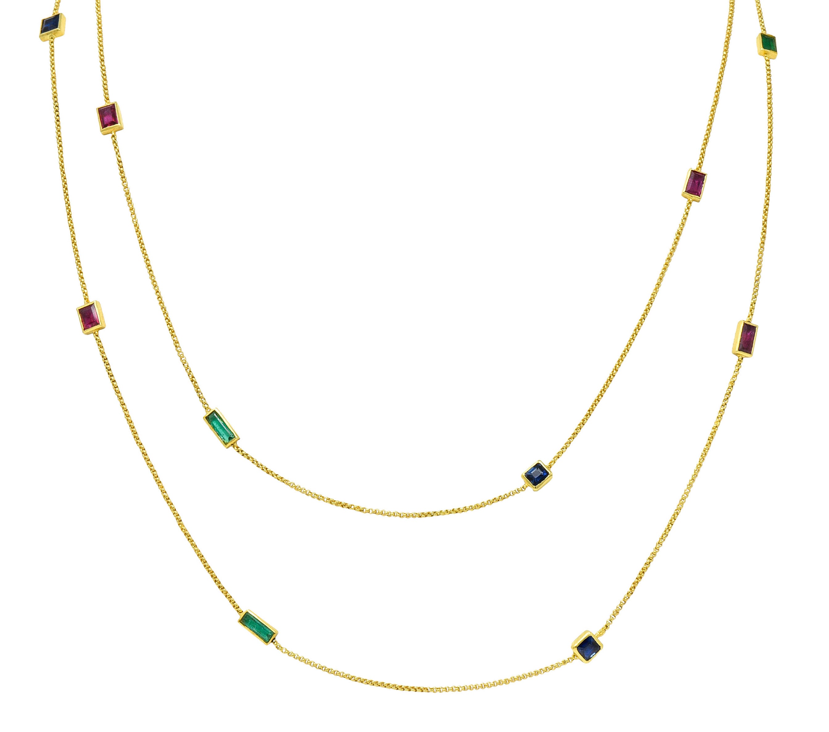 1960's Vintage 6.55 CTW Sapphire Emerald Ruby 14 Karat Gold Gemstone Station NecklaceNecklace - Wilson's Estate Jewelry