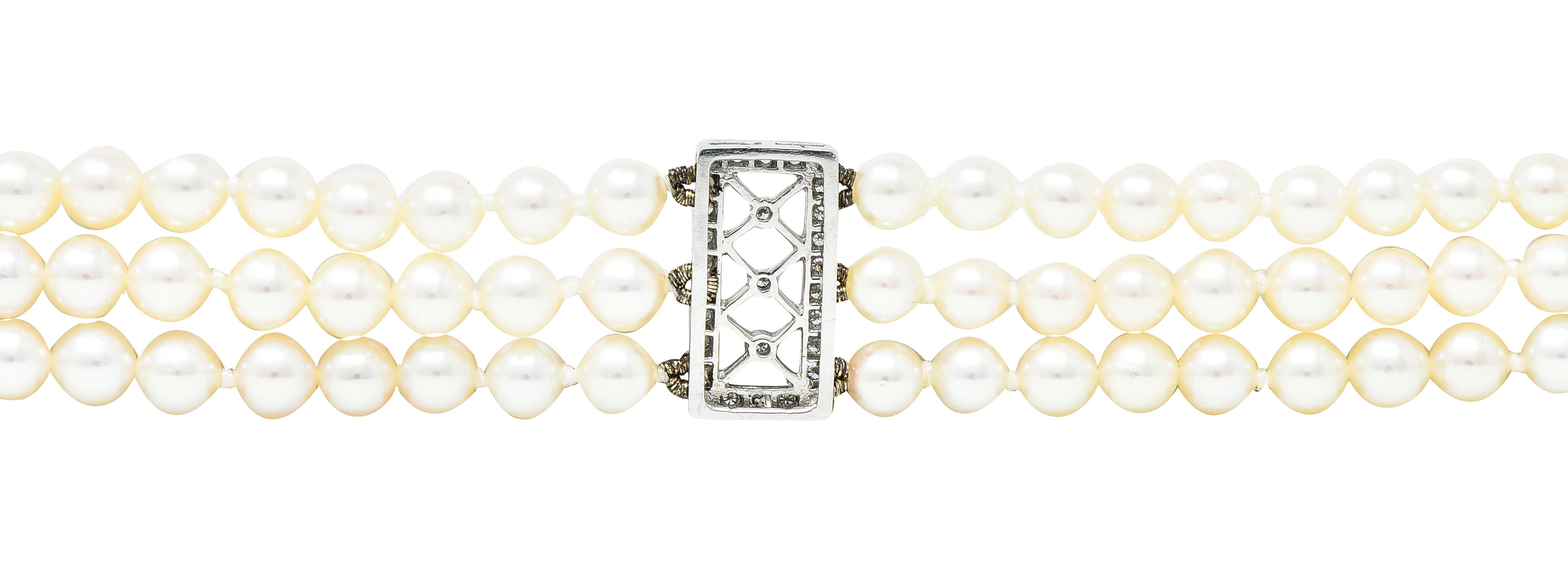 Tiffany & Co. Diamond Pearl Platinum Voile Three Strand Station Bracelet Wilson's Estate Jewelry