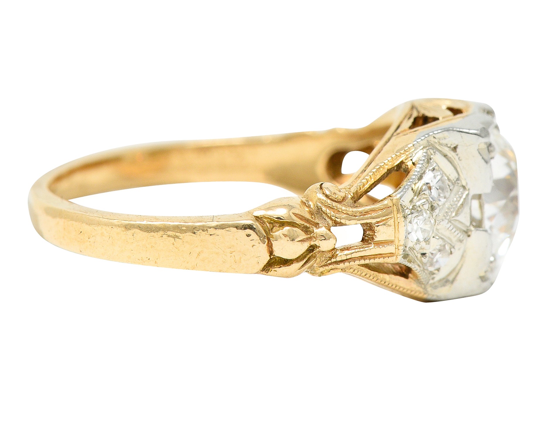 1920's Art Deco 1.11 CTW Diamond Two-Tone Gold Foliate Engagement Ring GIA Wilson's Estate Jewelry