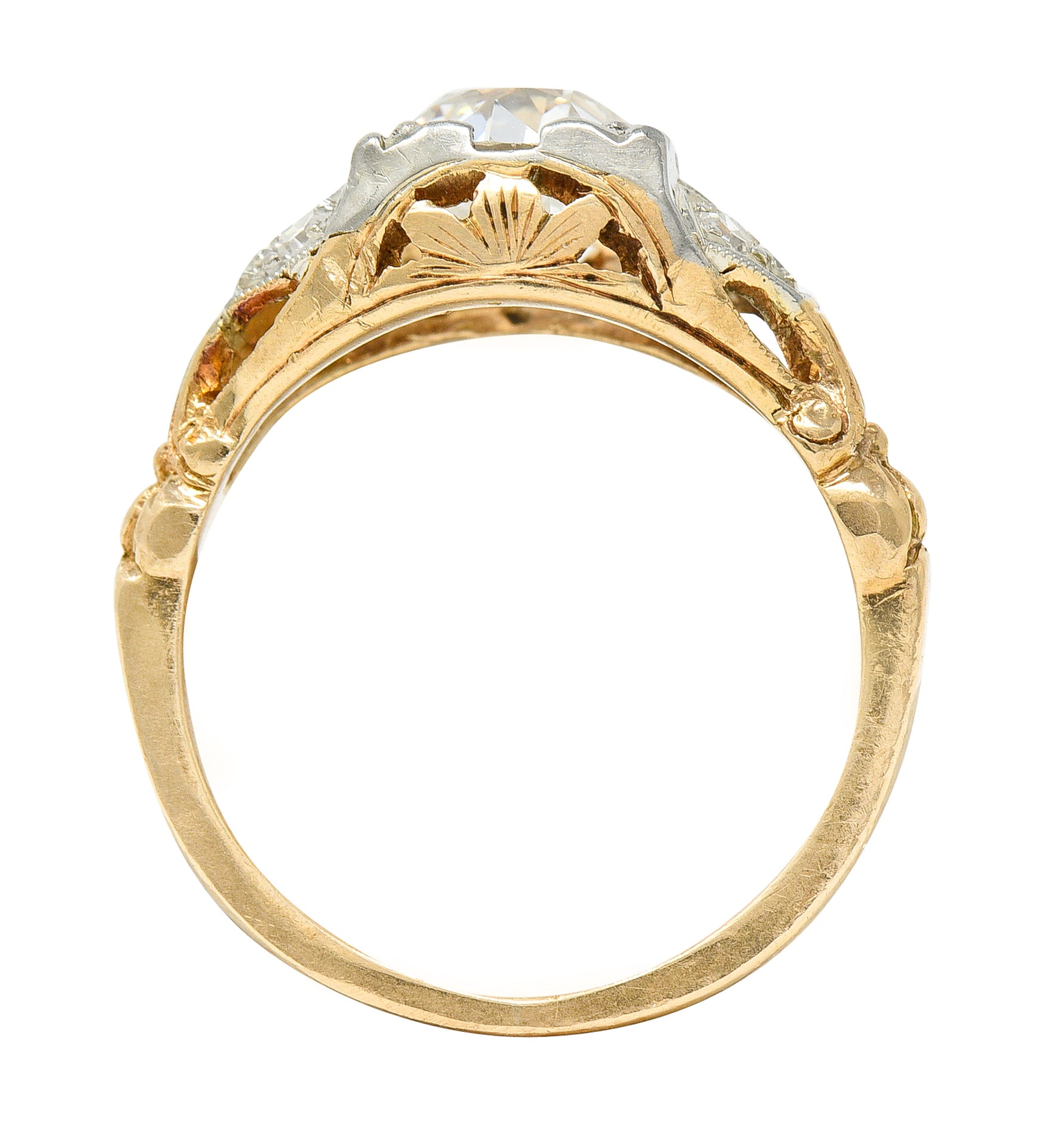 1920's Art Deco 1.11 CTW Diamond Two-Tone Gold Foliate Engagement Ring GIA Wilson's Estate Jewelry