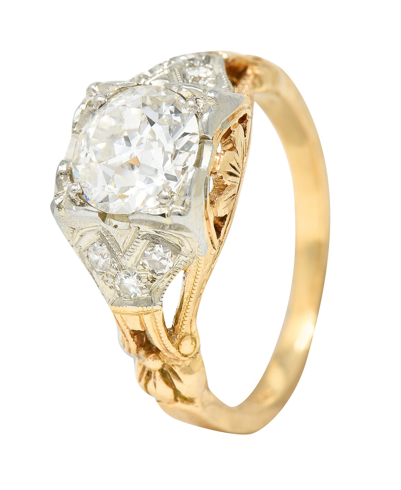 1920's Art Deco 1.11 CTW Diamond Two-Tone Gold Foliate Engagement Ring GIA Wilson's Estate Jewelry