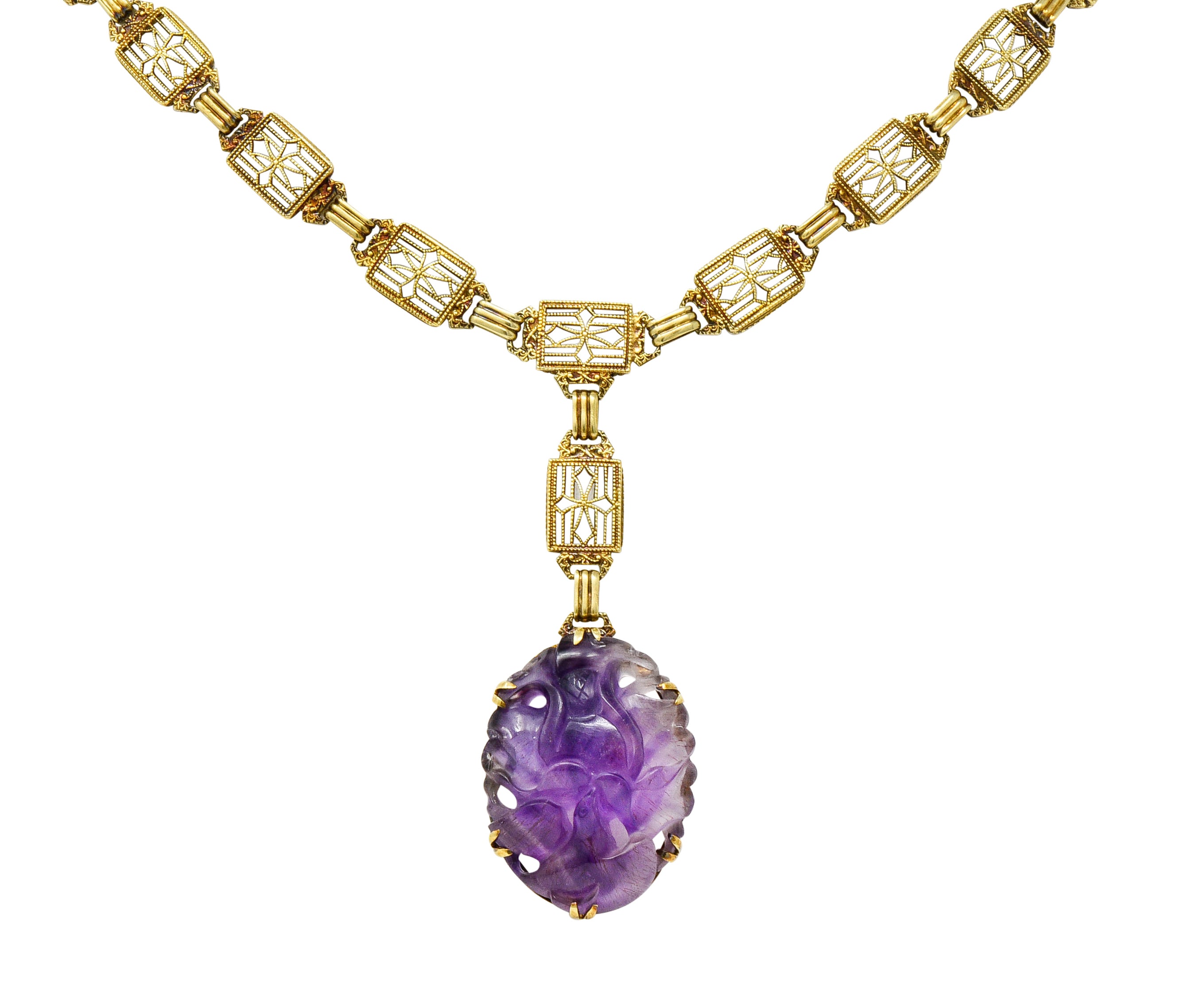 Victorian Carved Rutilated Amethyst 14 Karat Gold Drop NecklaceNecklace - Wilson's Estate Jewelry