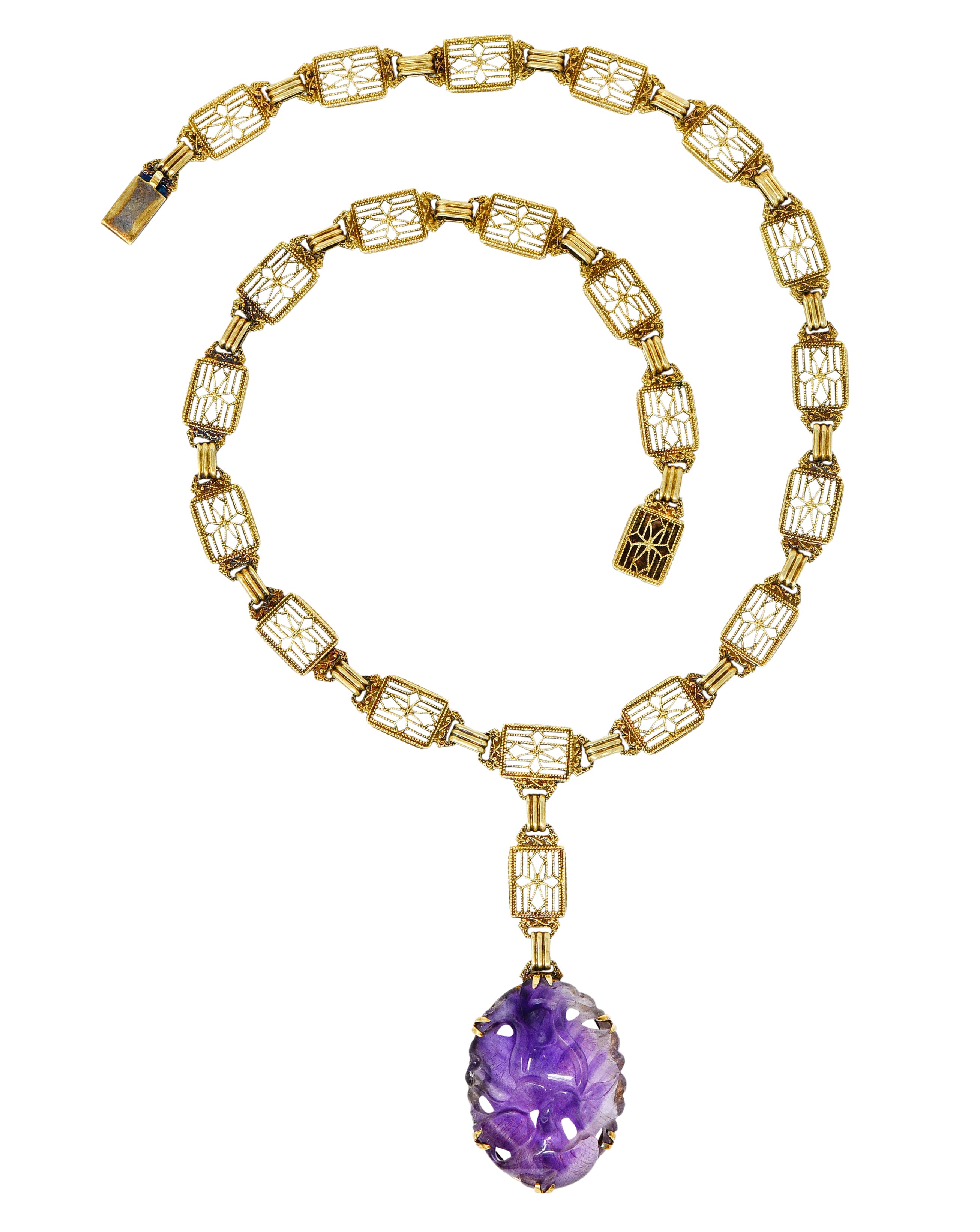 Victorian Carved Rutilated Amethyst 14 Karat Gold Drop NecklaceNecklace - Wilson's Estate Jewelry