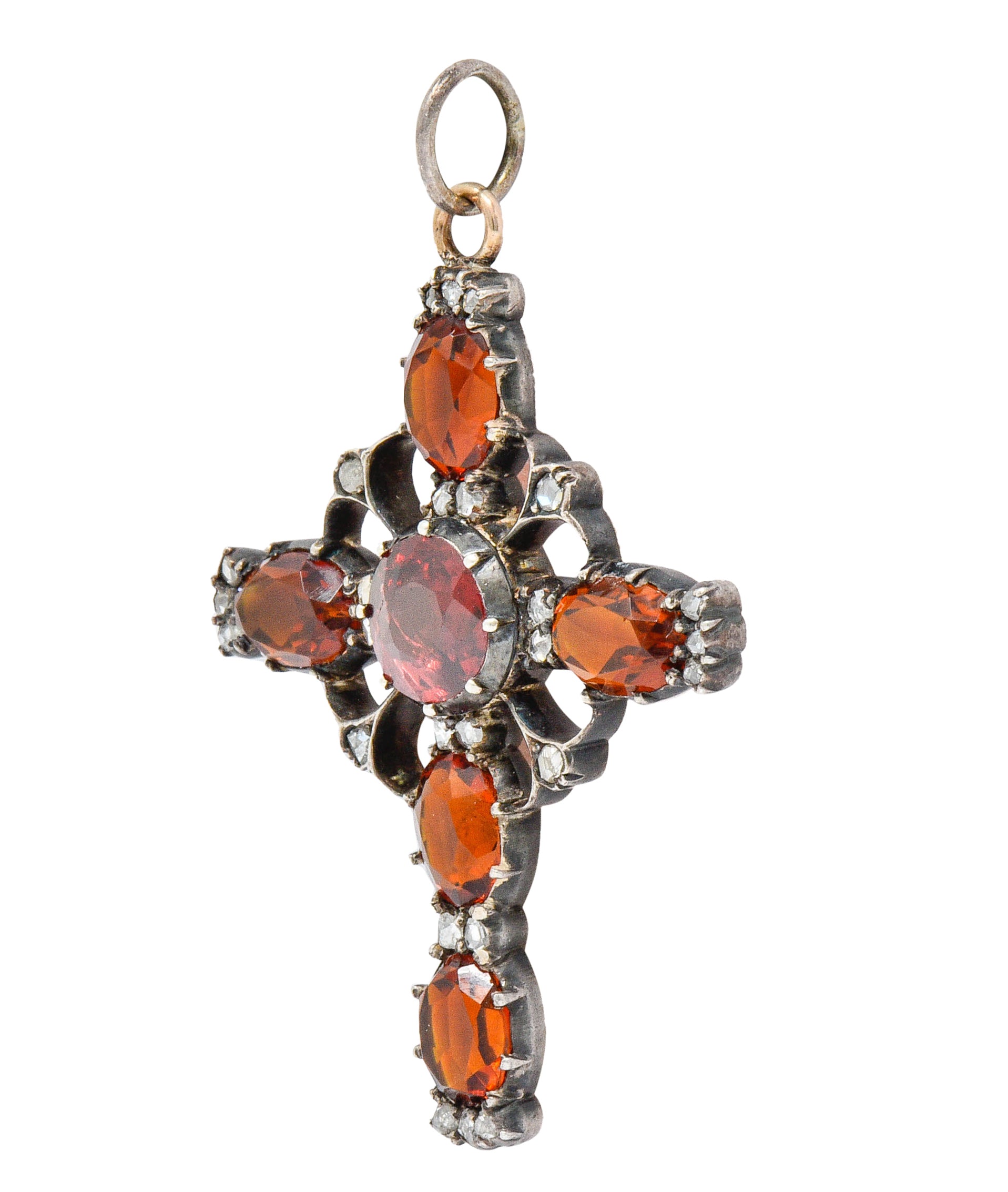 Victorian Garnet Citrine Diamond Silver-Topped 14 Karat Gold Cross PendantNecklace - Wilson's Estate Jewelry