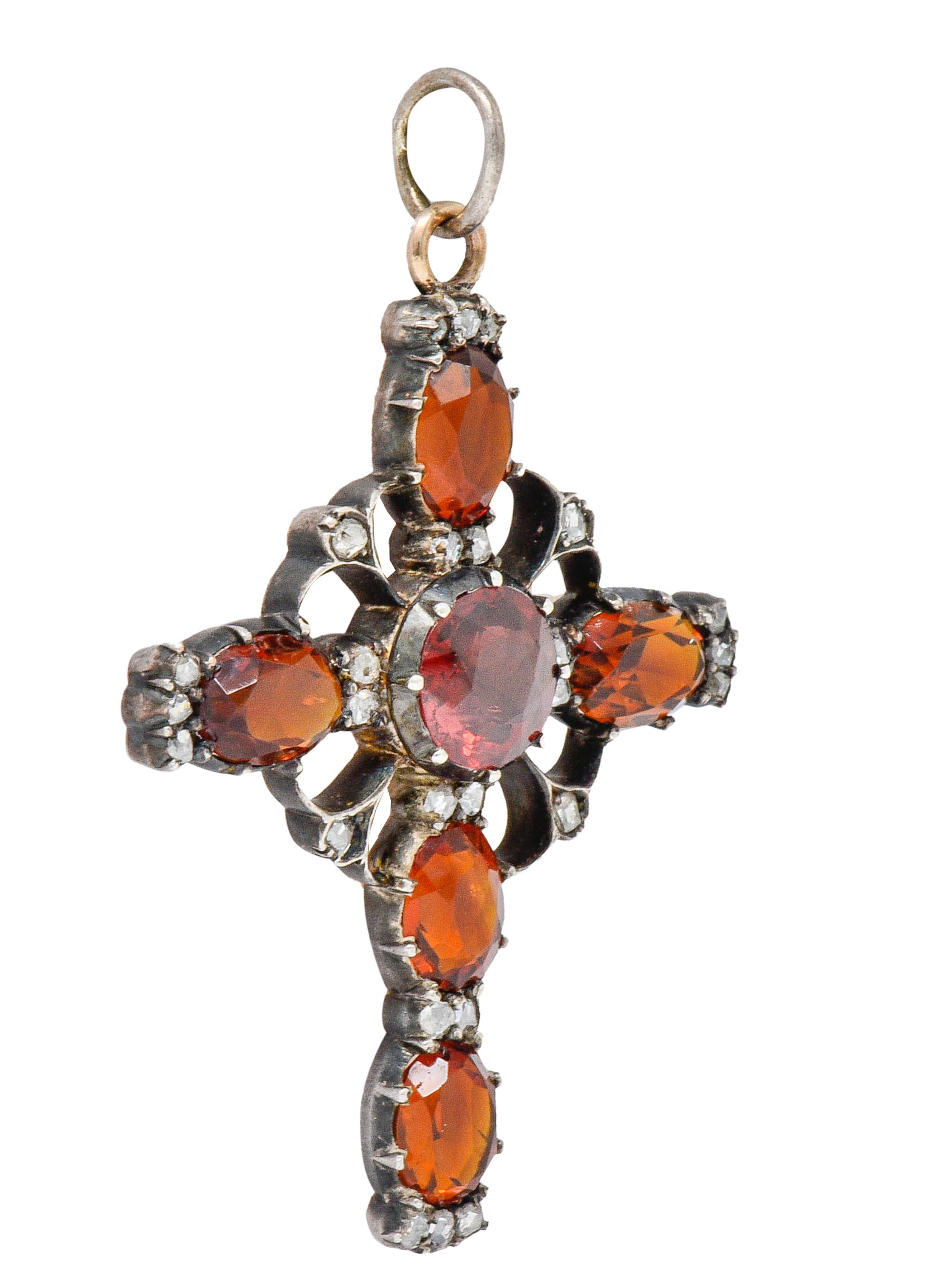 Victorian Garnet Citrine Diamond Silver-Topped 14 Karat Gold Cross PendantNecklace - Wilson's Estate Jewelry