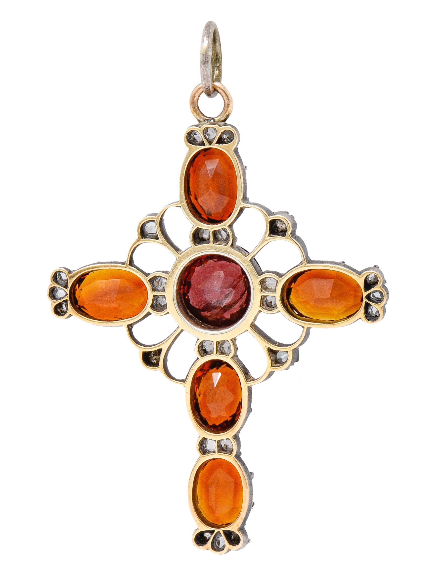 Victorian Garnet Citrine Diamond Silver-Topped 14 Karat Gold Cross PendantNecklace - Wilson's Estate Jewelry