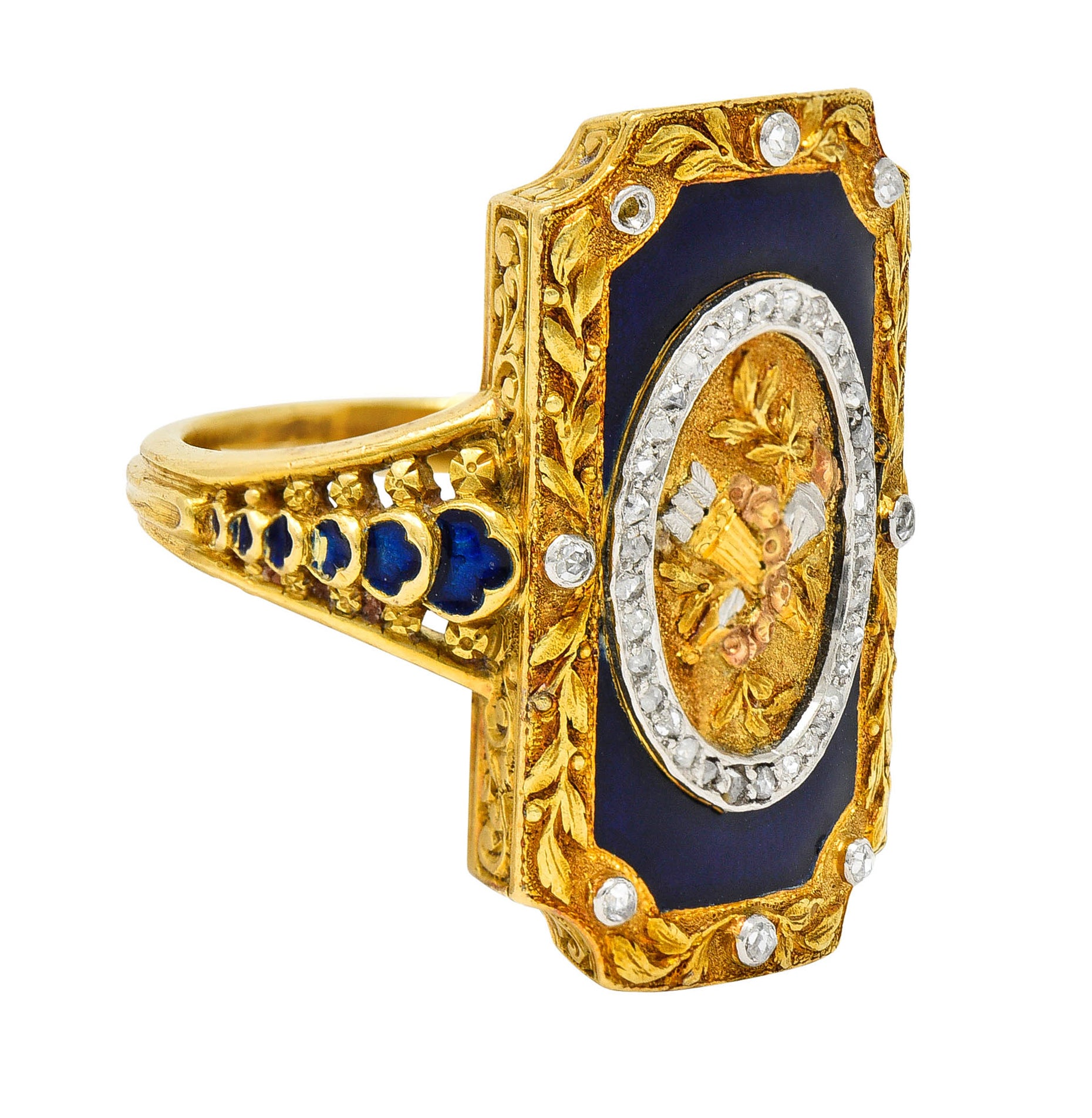 Antique Neoclassical Diamond Enamel Platinum-Topped 18 Karat Tri-Colored Gold Cupid RingRing - Wilson's Estate Jewelry