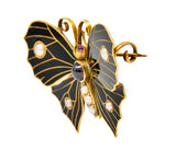 1890's Victorian Garnet Pearl Ruby Enamel 18 Karat Gold Butterfly Watch Pin BroochBrooch - Wilson's Estate Jewelry