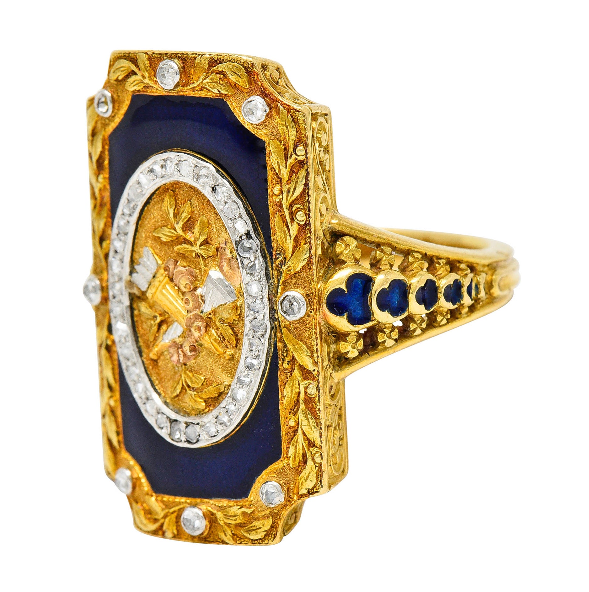 Antique Neoclassical Diamond Enamel Platinum-Topped 18 Karat Tri-Colored Gold Cupid RingRing - Wilson's Estate Jewelry