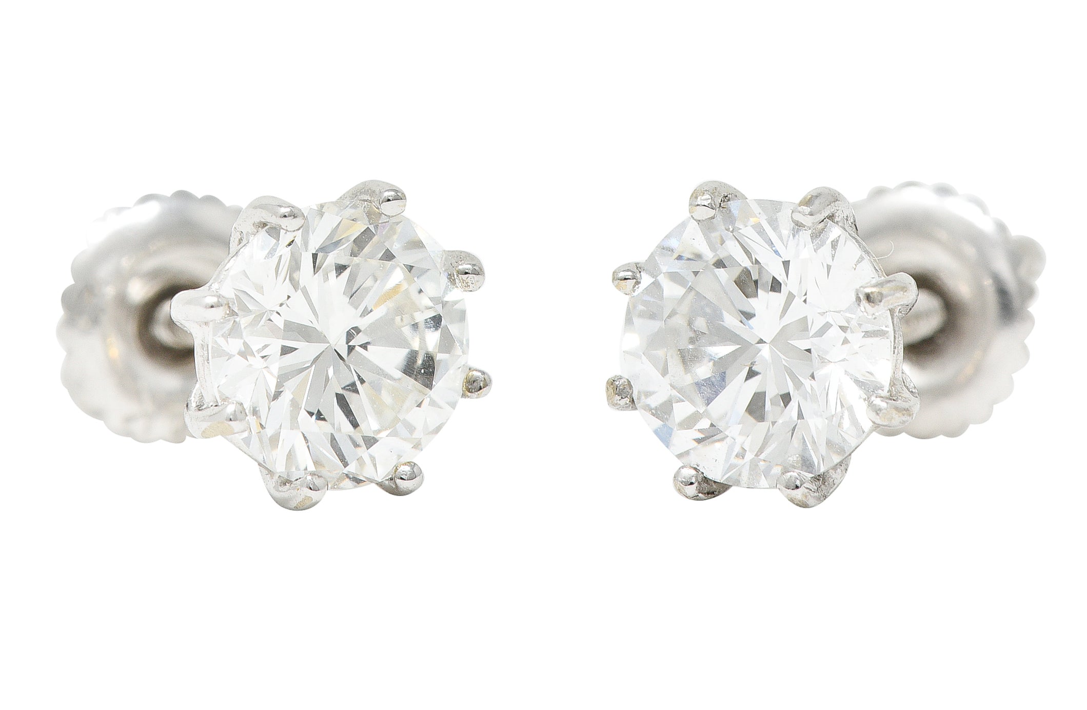 Contemporary 1.86 CTW Round Brilliant Diamond 14 Karat White Gold Screwback Stud Earrings Wilson's Estate Jewelry