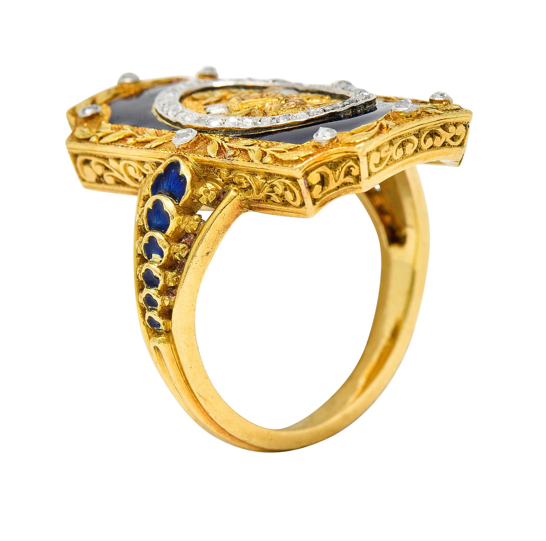 Antique Neoclassical Diamond Enamel Platinum-Topped 18 Karat Tri-Colored Gold Cupid RingRing - Wilson's Estate Jewelry