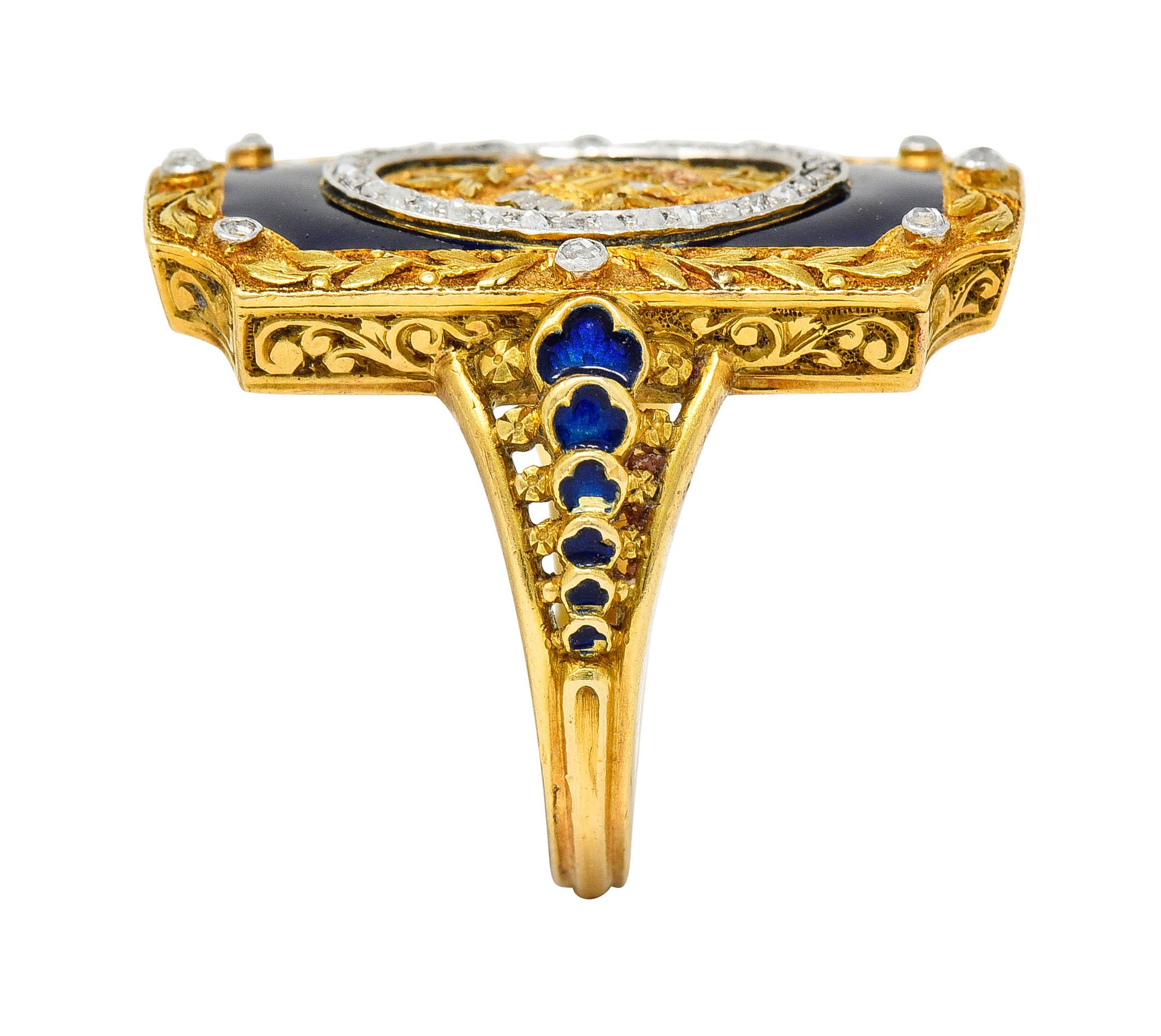 Antique Neoclassical Diamond Enamel Platinum-Topped 18 Karat Tri-Colored Gold Cupid RingRing - Wilson's Estate Jewelry