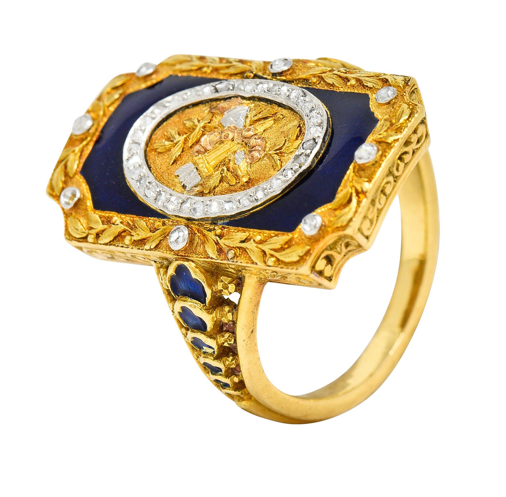 Antique Neoclassical Diamond Enamel Platinum-Topped 18 Karat Tri-Colored Gold Cupid RingRing - Wilson's Estate Jewelry