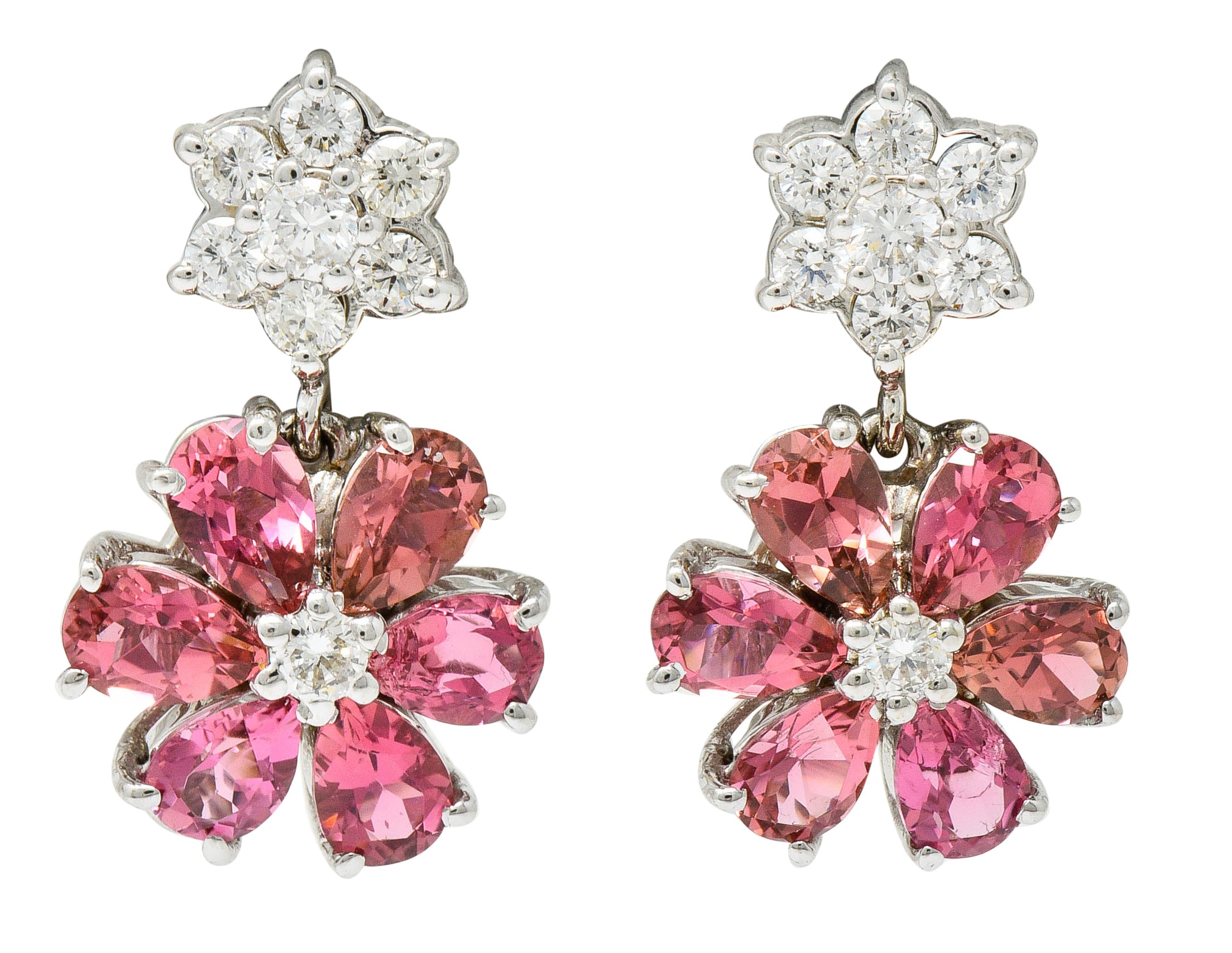 Contemporary Pink Tourmaline Diamond 18 Karat White Floral Cluster Drop EarringsEarrings - Wilson's Estate Jewelry