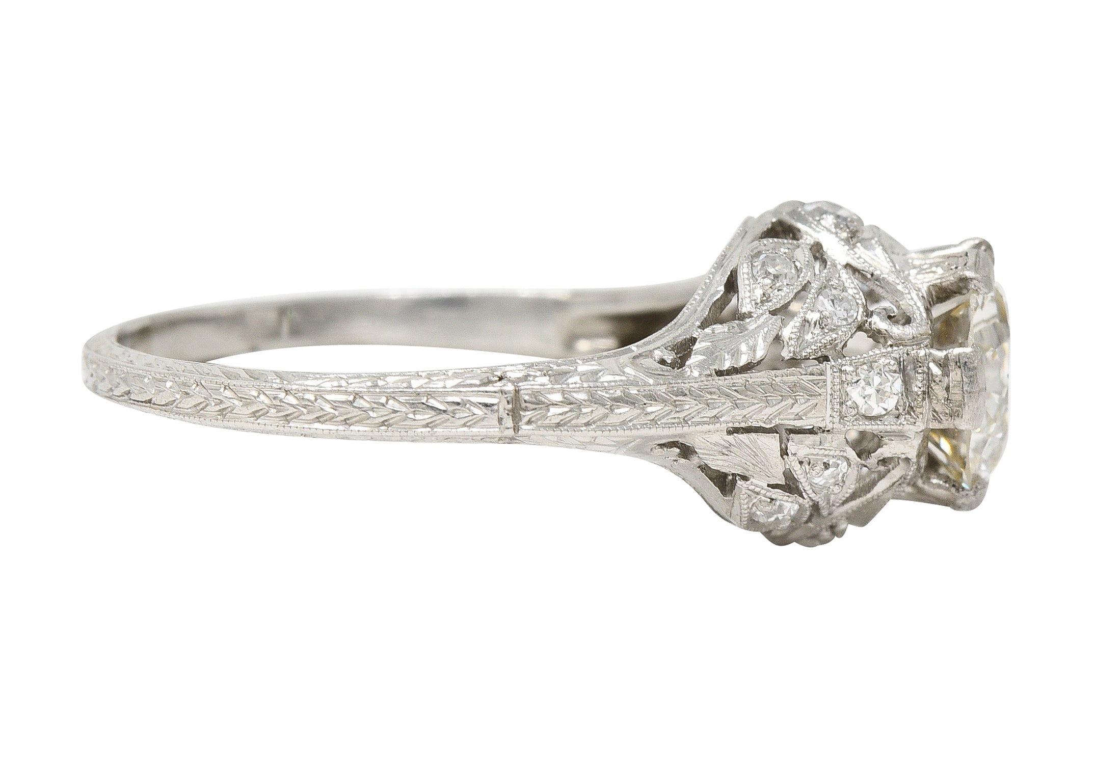 Art Deco 1.44 CTW Old European Diamond Platinum Foliate Vintage Engagement Ring