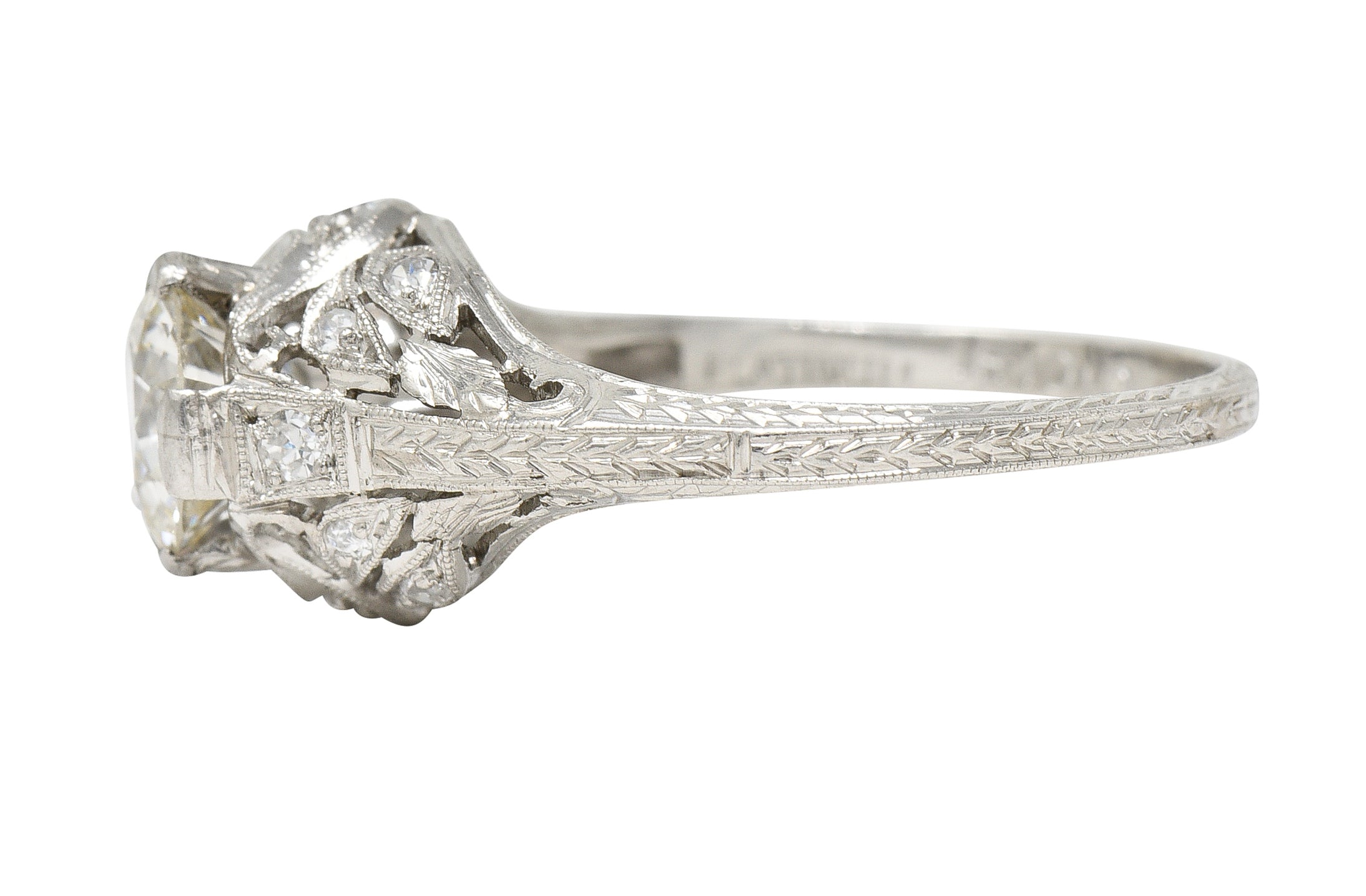 Art Deco 1.44 CTW Old European Diamond Platinum Foliate Vintage Engagement Ring