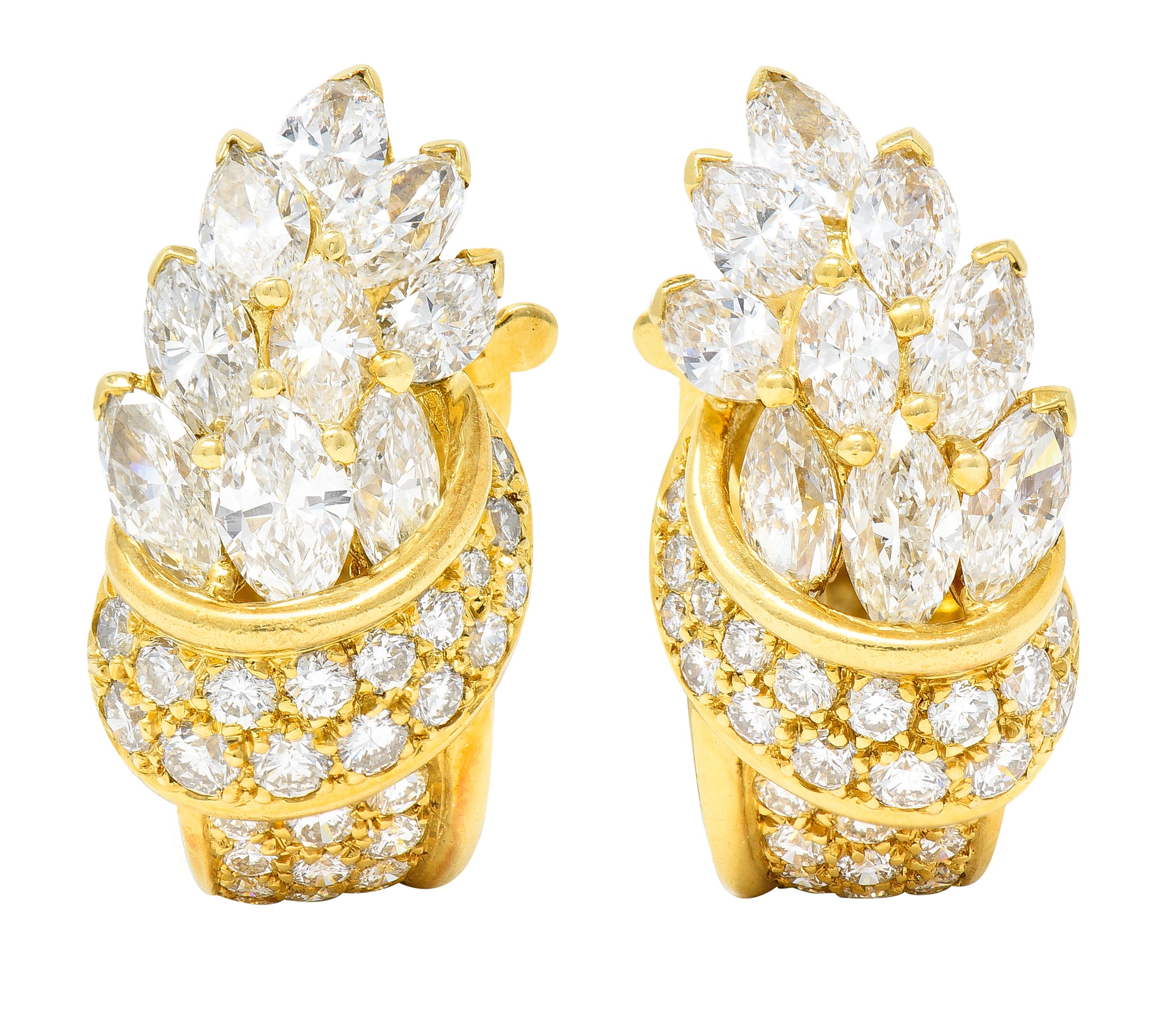 Van Cleef & Arpels French 5.26 CTW Marquise Cut Diamond 18 Karat Yellow Gold Toundra Bouquet Vintage J-Hoop Earrings Wilson's Estate Jewelry