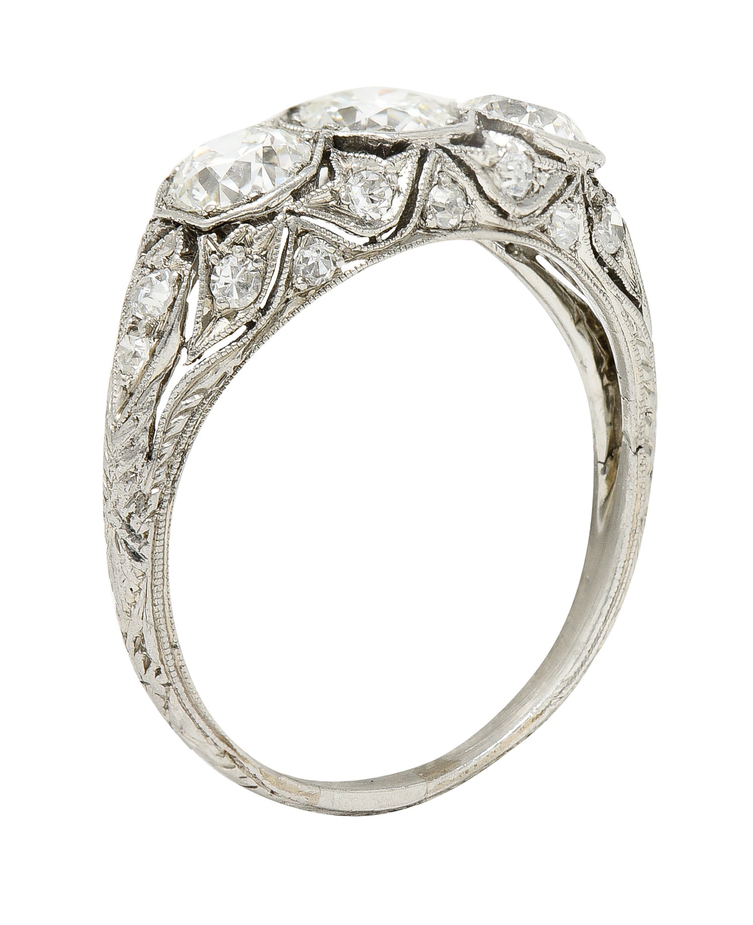 Art Deco 2.34 CTW Diamond Platinum Three Stone Tulip Vintage Ring