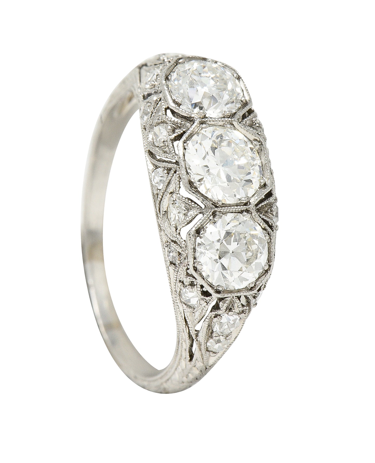 Art Deco 2.34 CTW Diamond Platinum Three Stone Tulip Vintage Ring