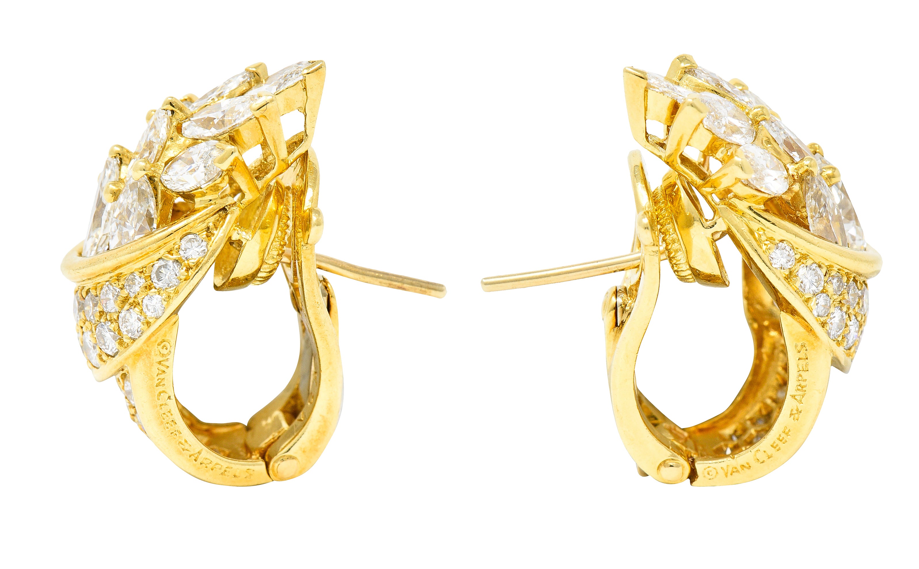 Van Cleef & Arpels French 5.26 CTW Marquise Cut Diamond 18 Karat Yellow Gold Toundra Bouquet Vintage J-Hoop Earrings Wilson's Estate Jewelry