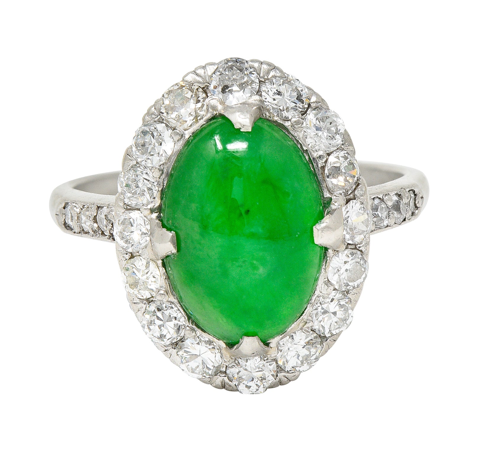 Art Deco Jadeite Jade Cabochon Diamond Platinum Cluster Gemstone Ring GIA Wilson's Estate Jewelry